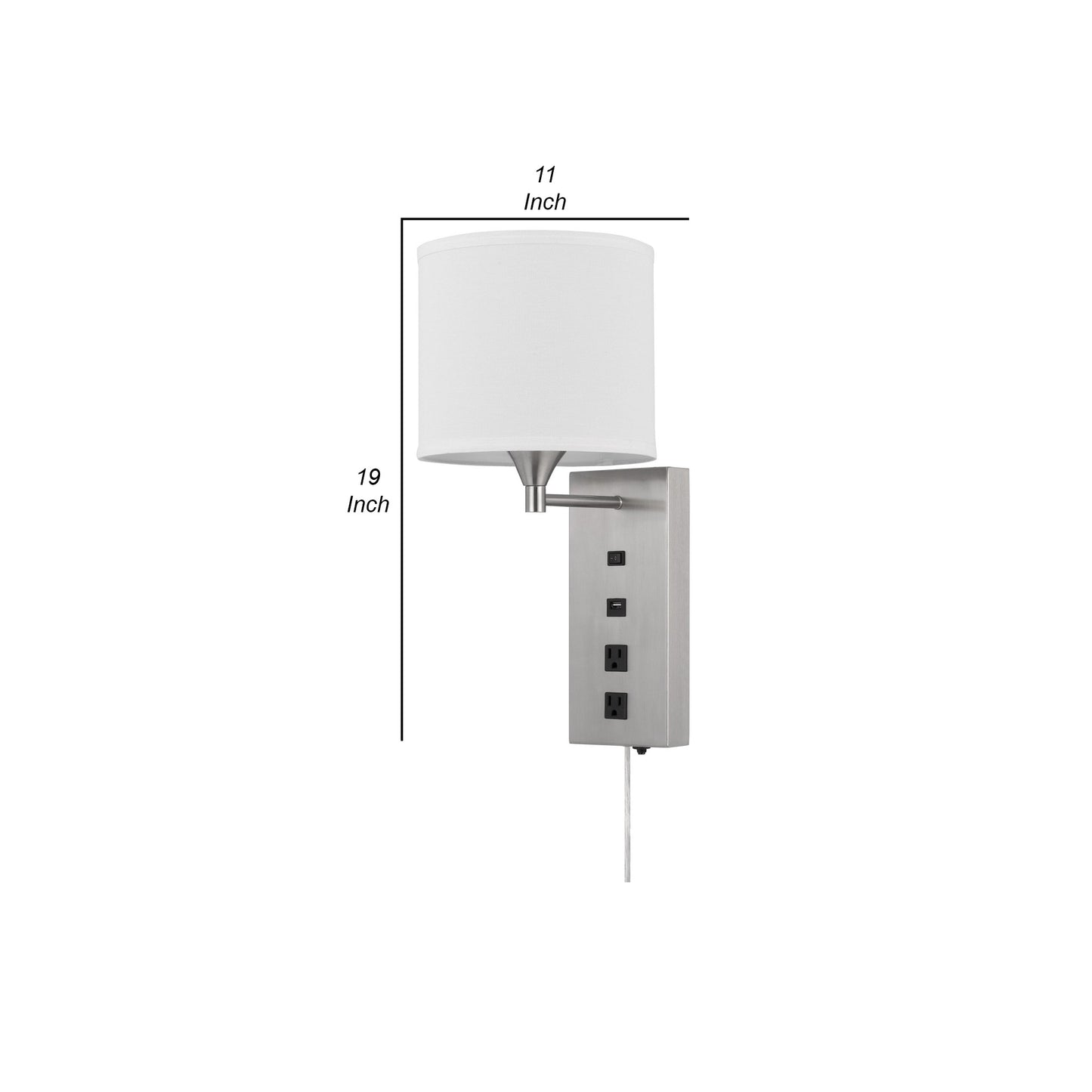 Rexi 19 Inch Modern Metal Wall Lamp Usb 2 Power Outlets White Silver