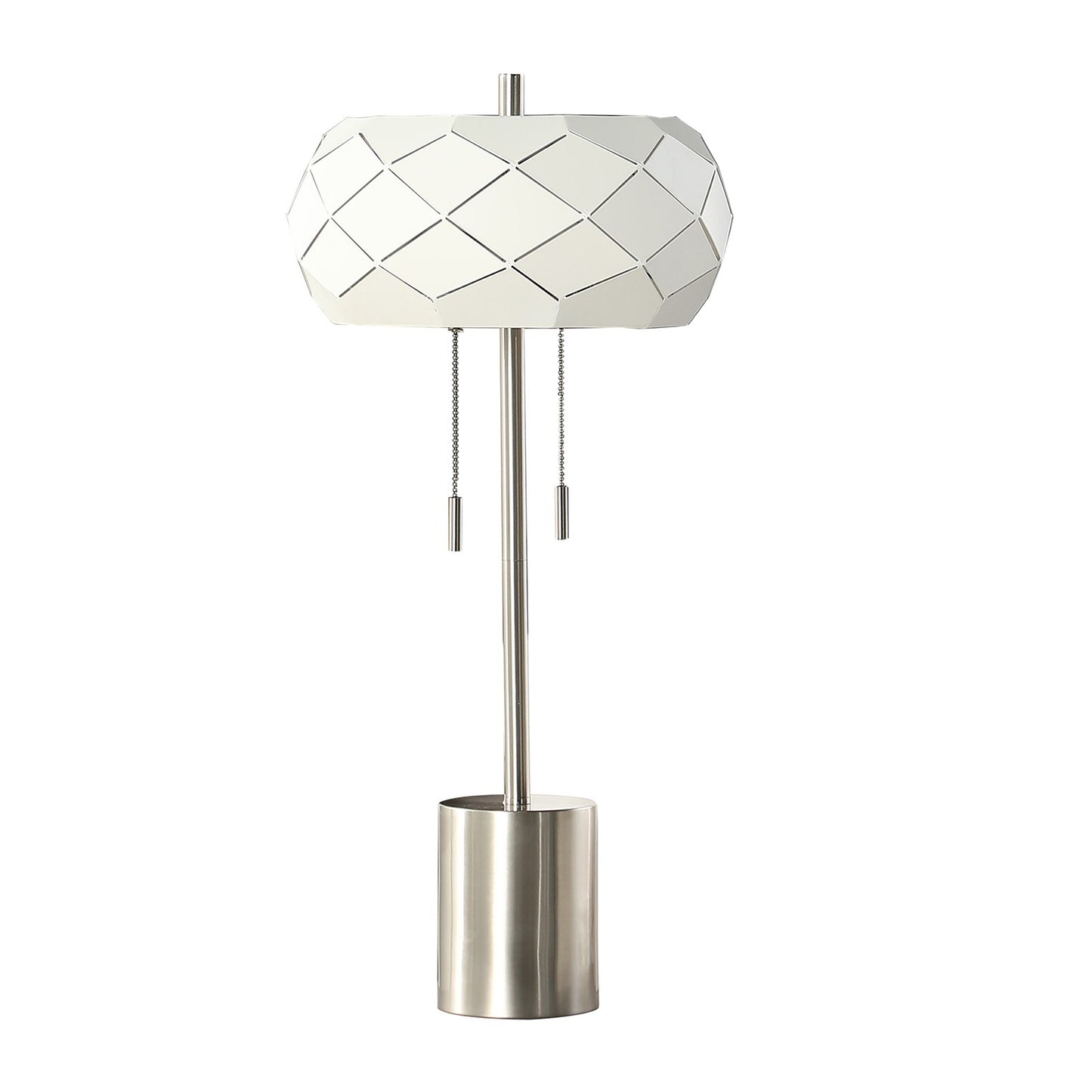28 Inch Accent Table Lamp Geometric Drum Shade Metal Base White Silver