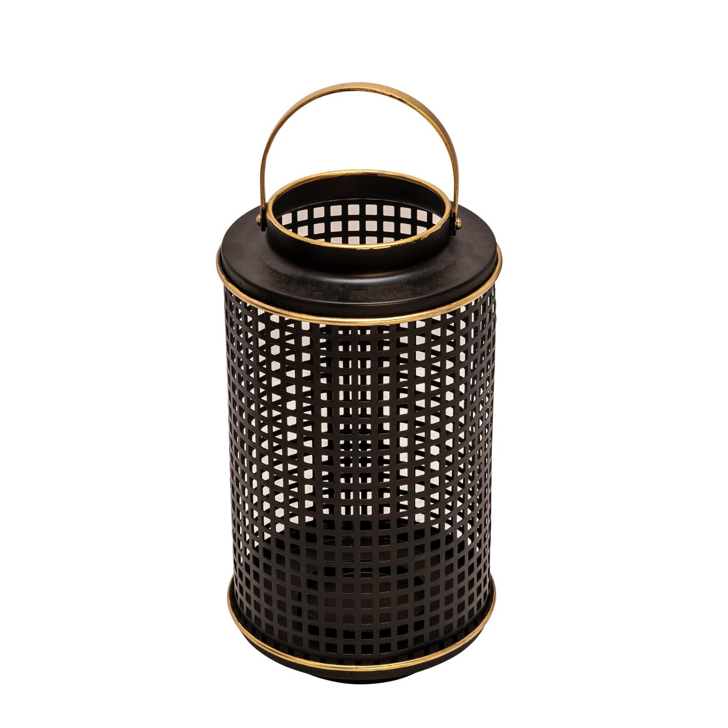Kate 12 Inch Metal Candle Holder Sleek Grid Design Black Matte Gold