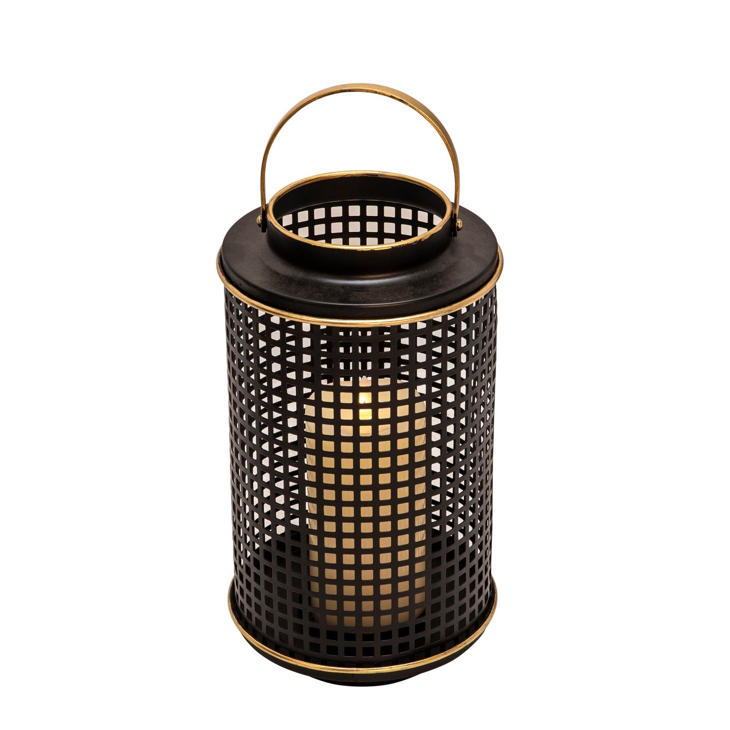 Kate 12 Inch Metal Candle Holder Sleek Grid Design Black Matte Gold