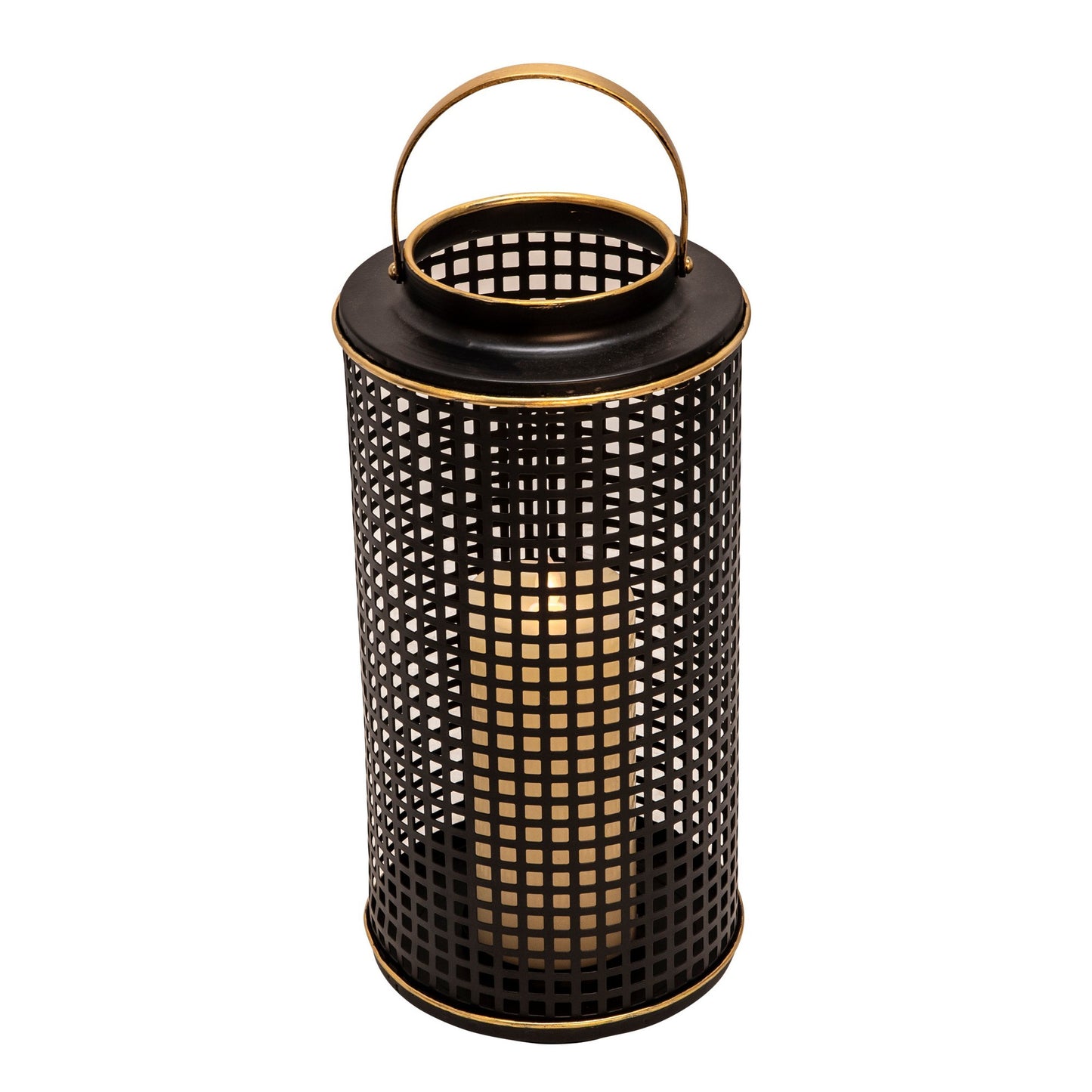 Kate 14 Inch Metal Candle Holder Sleek Grid Design Black Matte Gold