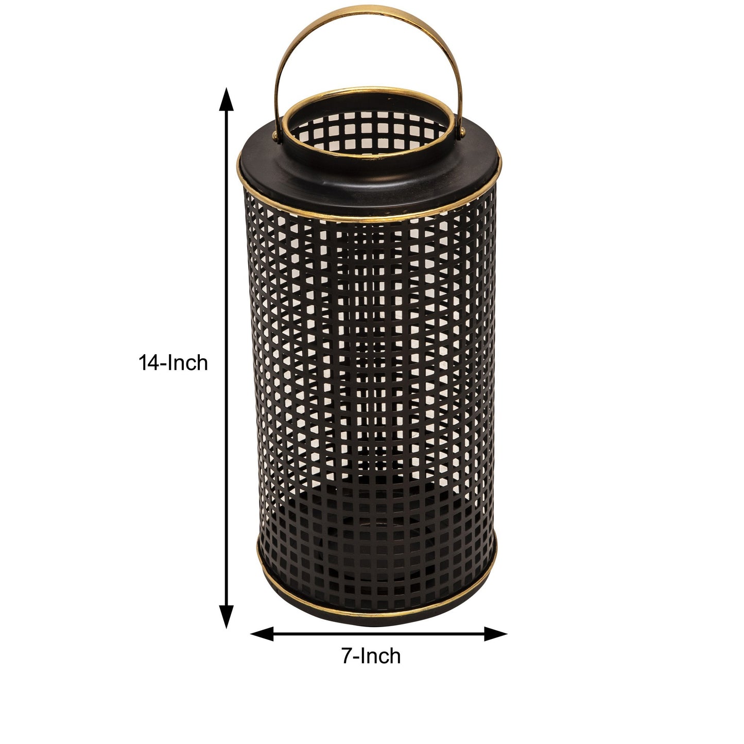 Kate 14 Inch Metal Candle Holder Sleek Grid Design Black Matte Gold