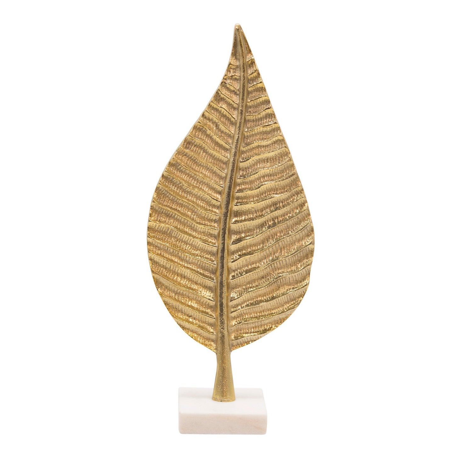 19 Inch Modern Leaf Accent Decor White Block Base Gold Finished Aluminum