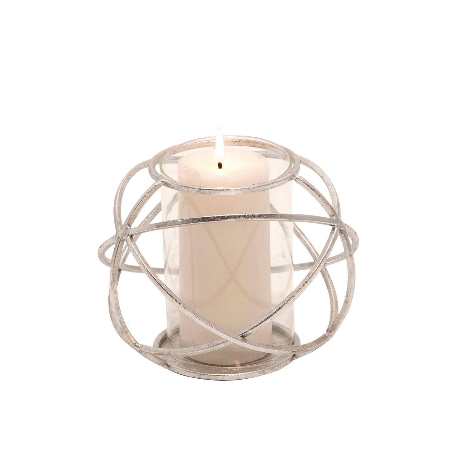 Metal Glass Candle Holders Orb Shaped Intersected Ring Set Of 2 Silver