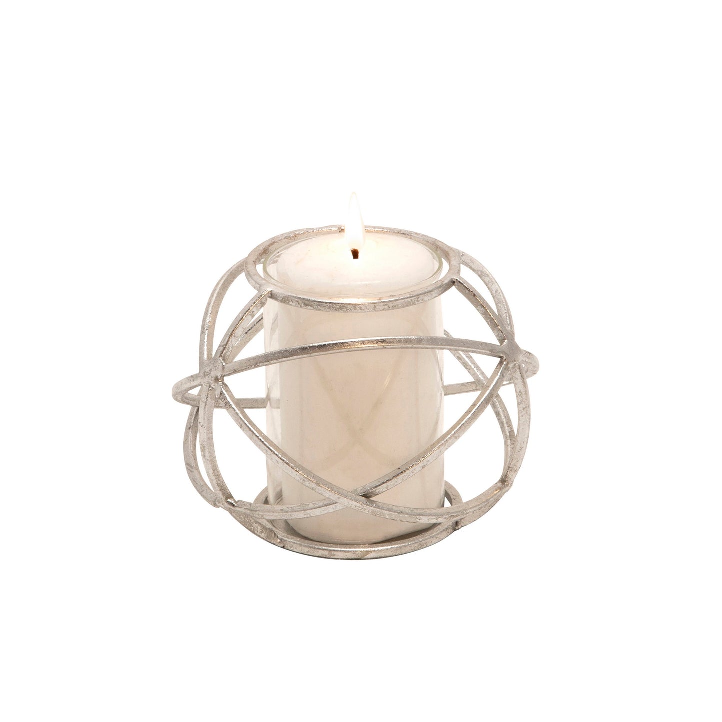 Metal Glass Candle Holders Orb Shaped Intersected Ring Set Of 2 Silver
