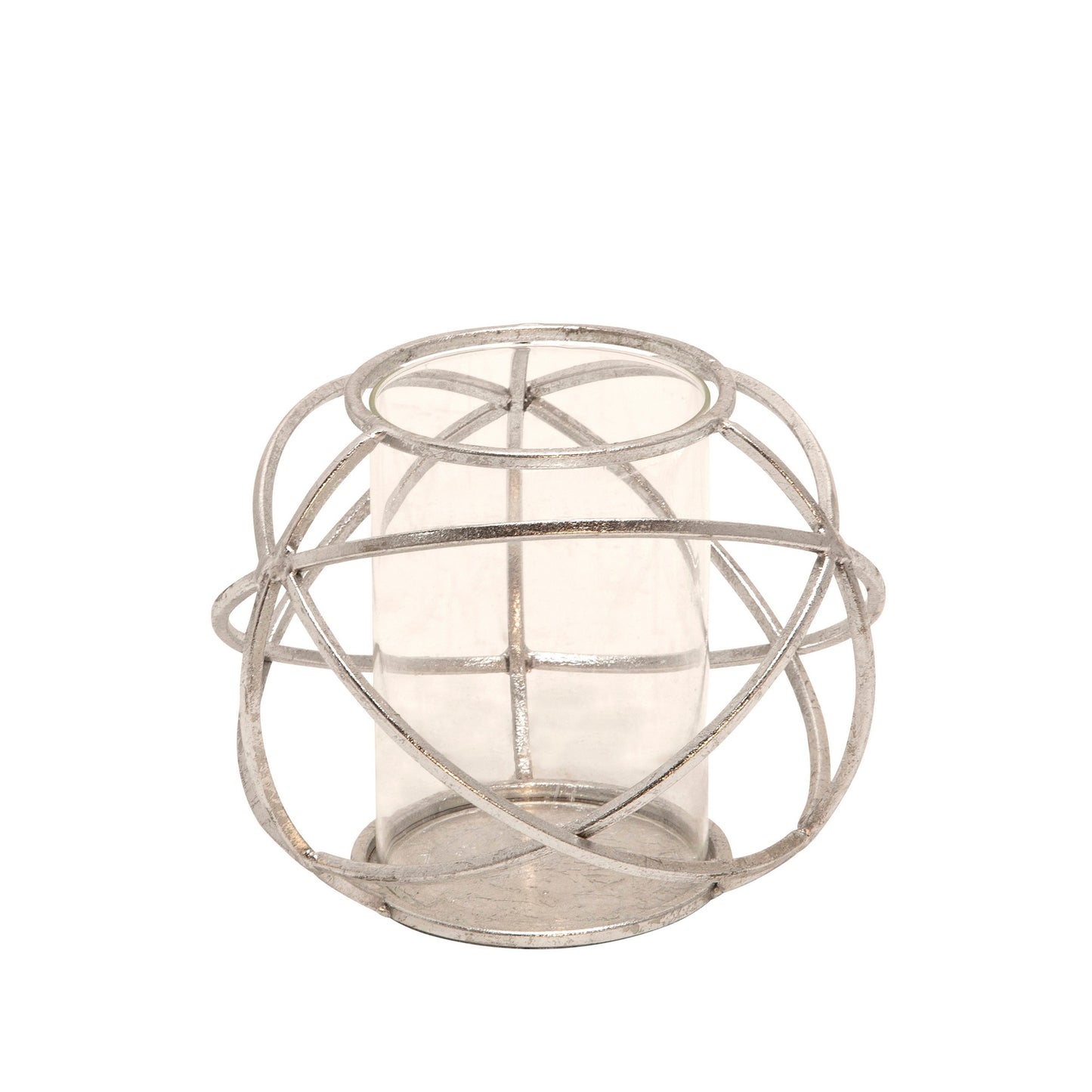 Metal Glass Candle Holders Orb Shaped Intersected Ring Set Of 2 Silver