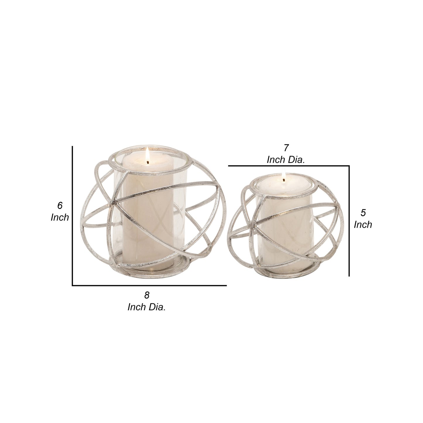 Metal Glass Candle Holders Orb Shaped Intersected Ring Set Of 2 Silver