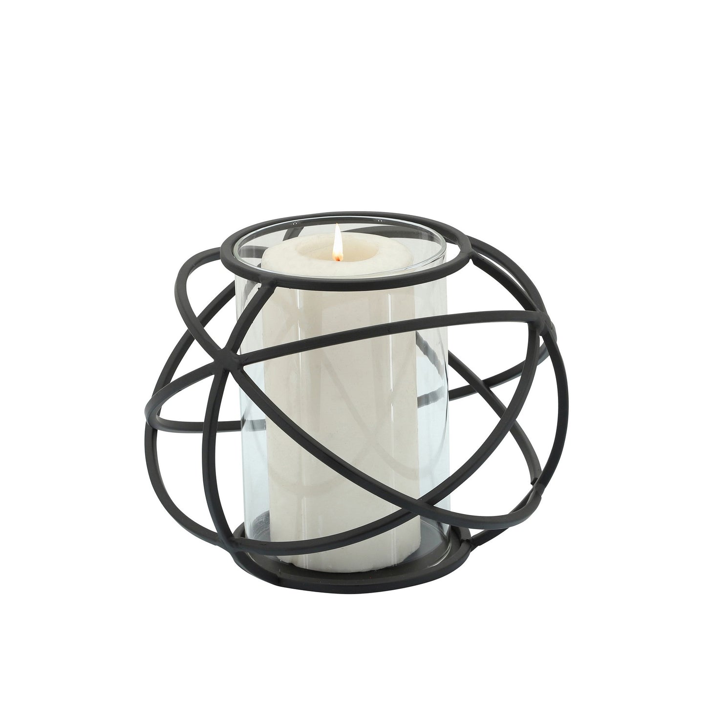 Metal Glass Candle Holders Orb Shaped Intersected Ring Set Of 2 Black