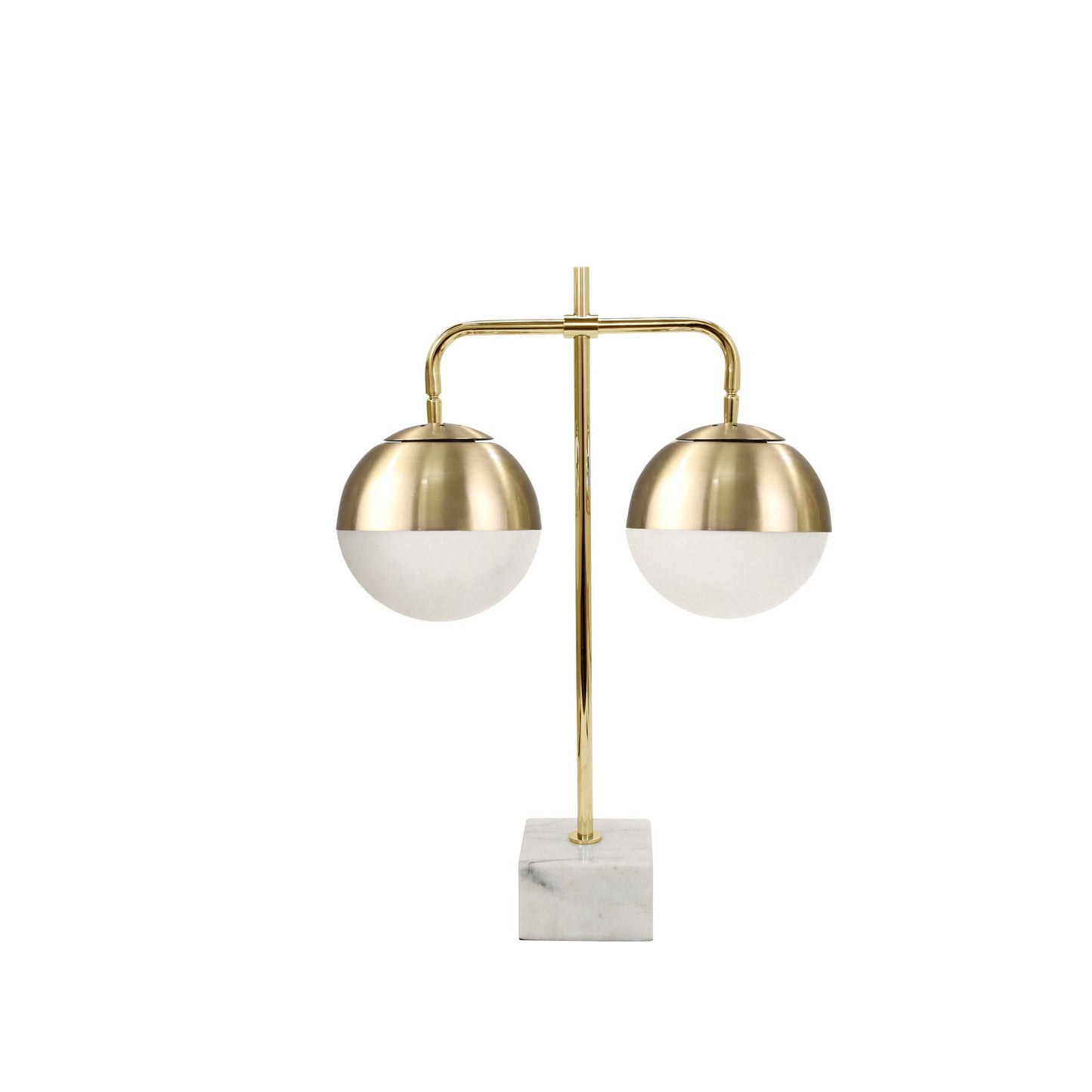 28 Inch Modern Metal Table Lamp Dual Orbs Marble Pedestal White Gold