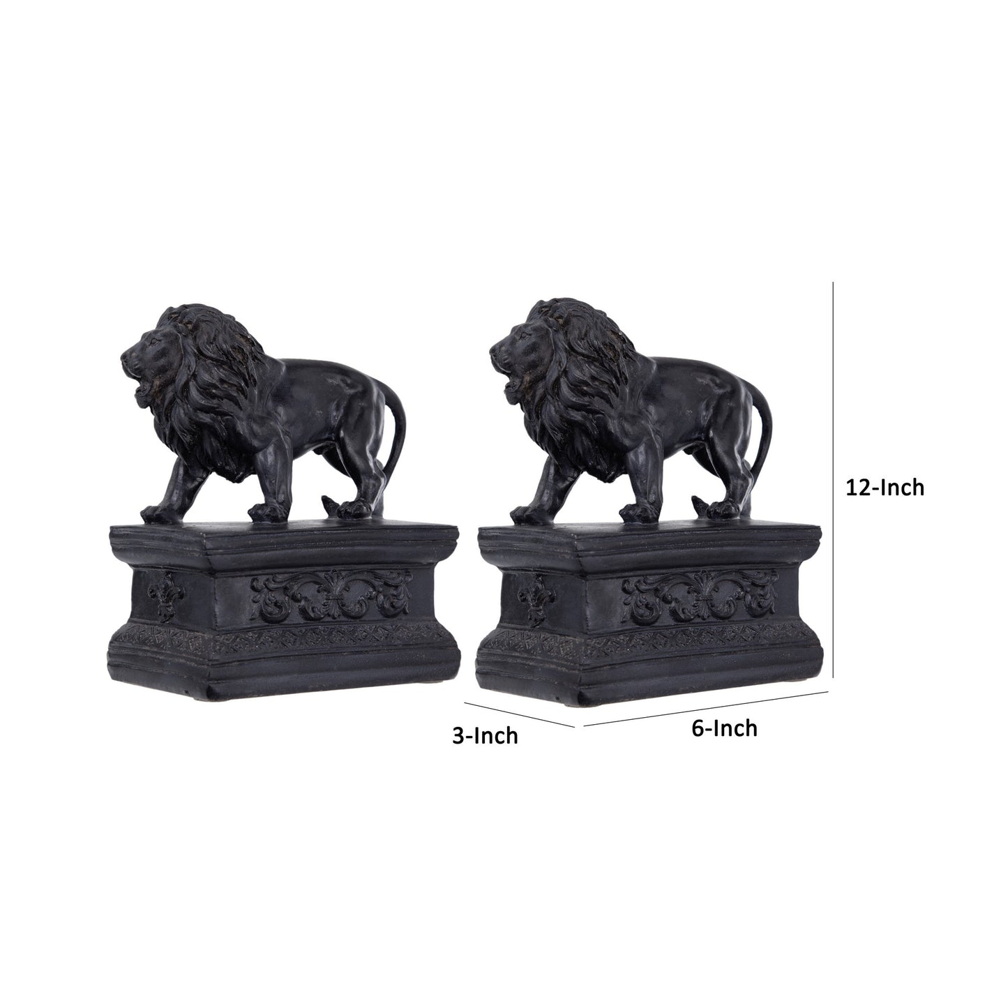 Ari Set of 2 Classic Bookends, Lion Statuette Figurines, Glossy Black Resin
