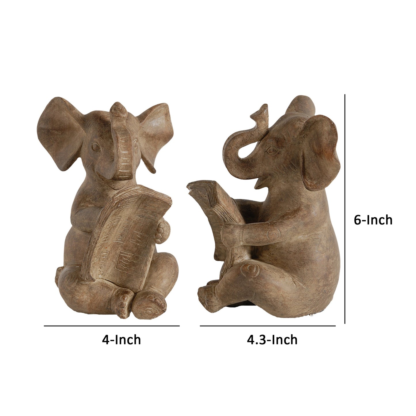 Ari Set of 2 Bookends, Reading Elephant Statuettes, Classic, Brown Resin