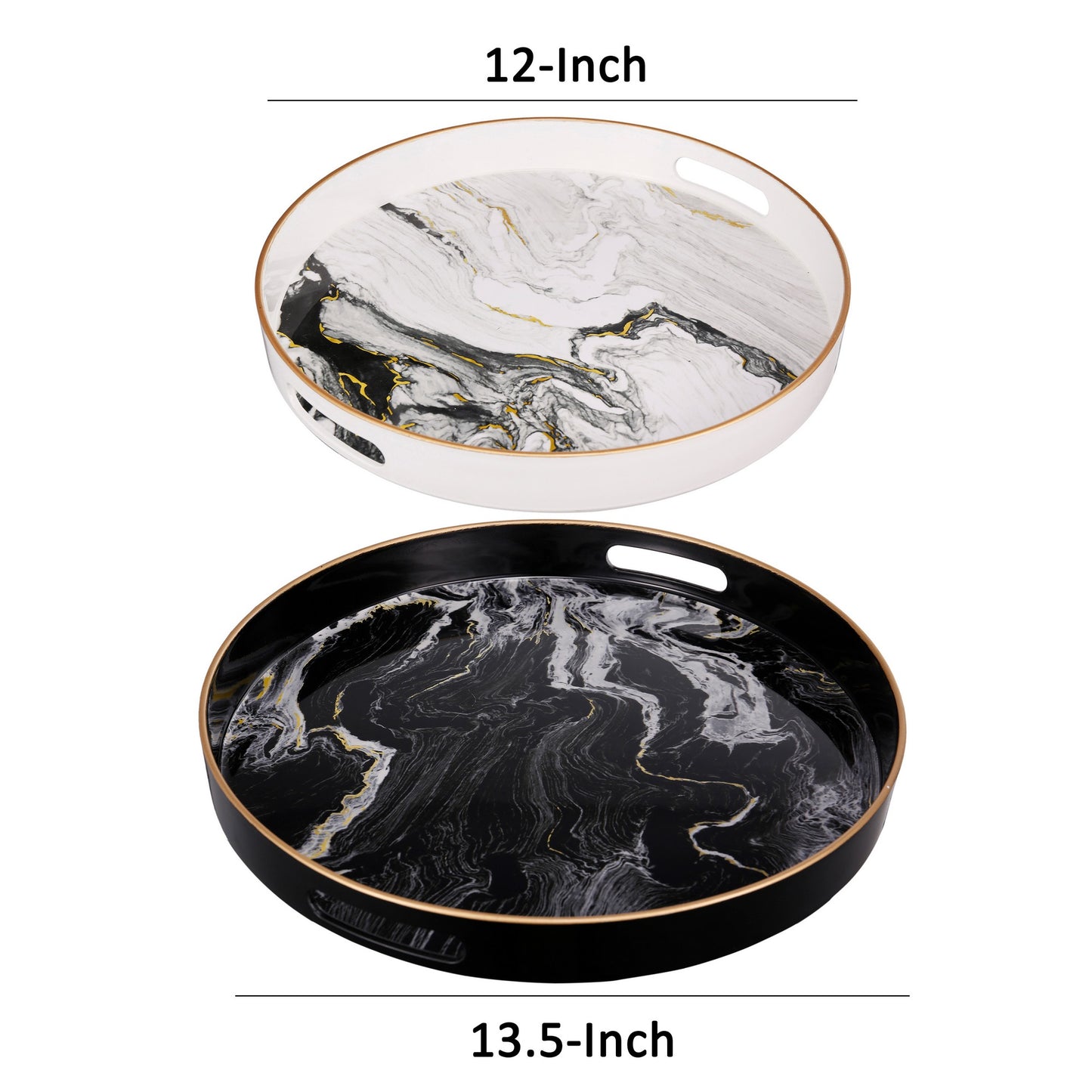 Round Accent Trays Tabletop Decor Marbling Black White Gold Set Of 2
