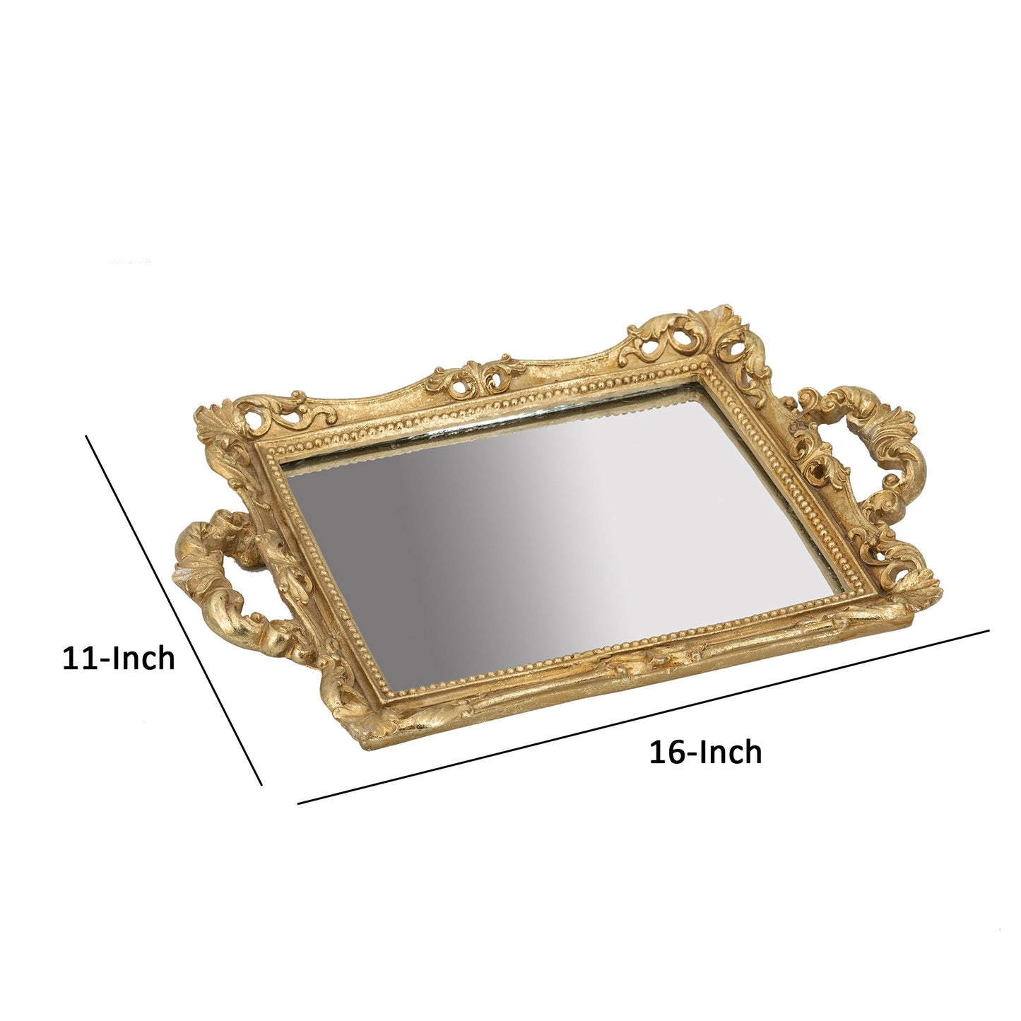 16 Inch Serving Tray Decorative Mirrored Bottom Carved Gold Frame