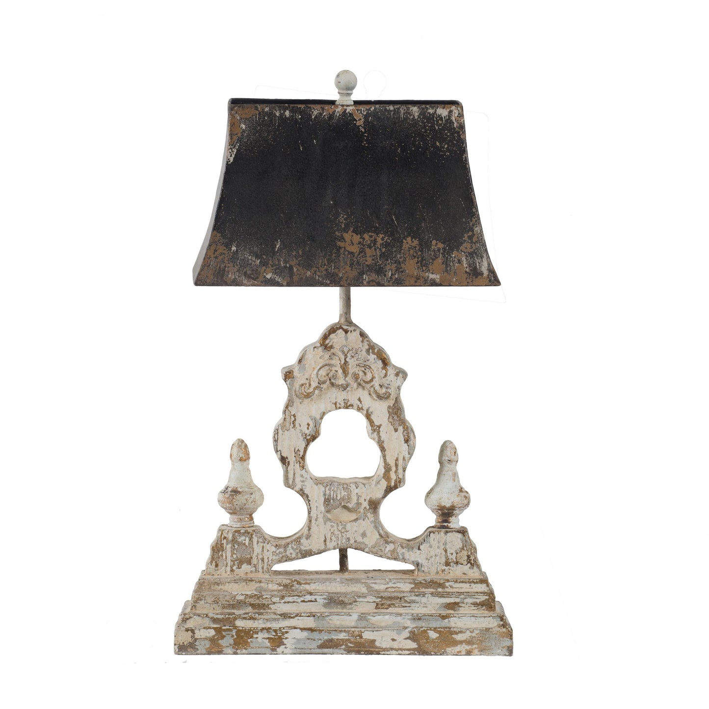 26 Inch Table Lamp with Carved Wood Frame Iron Antique Black Rustic White