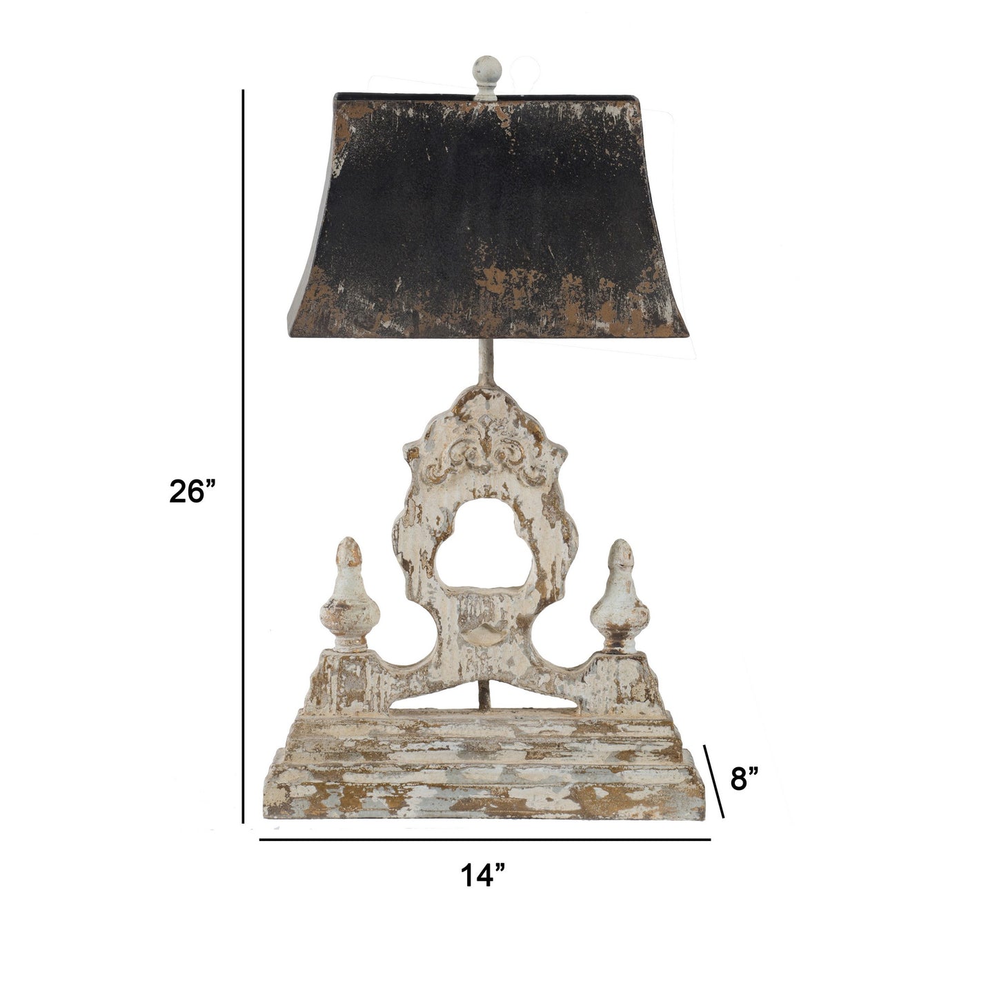 26 Inch Table Lamp with Carved Wood Frame Iron Antique Black Rustic White