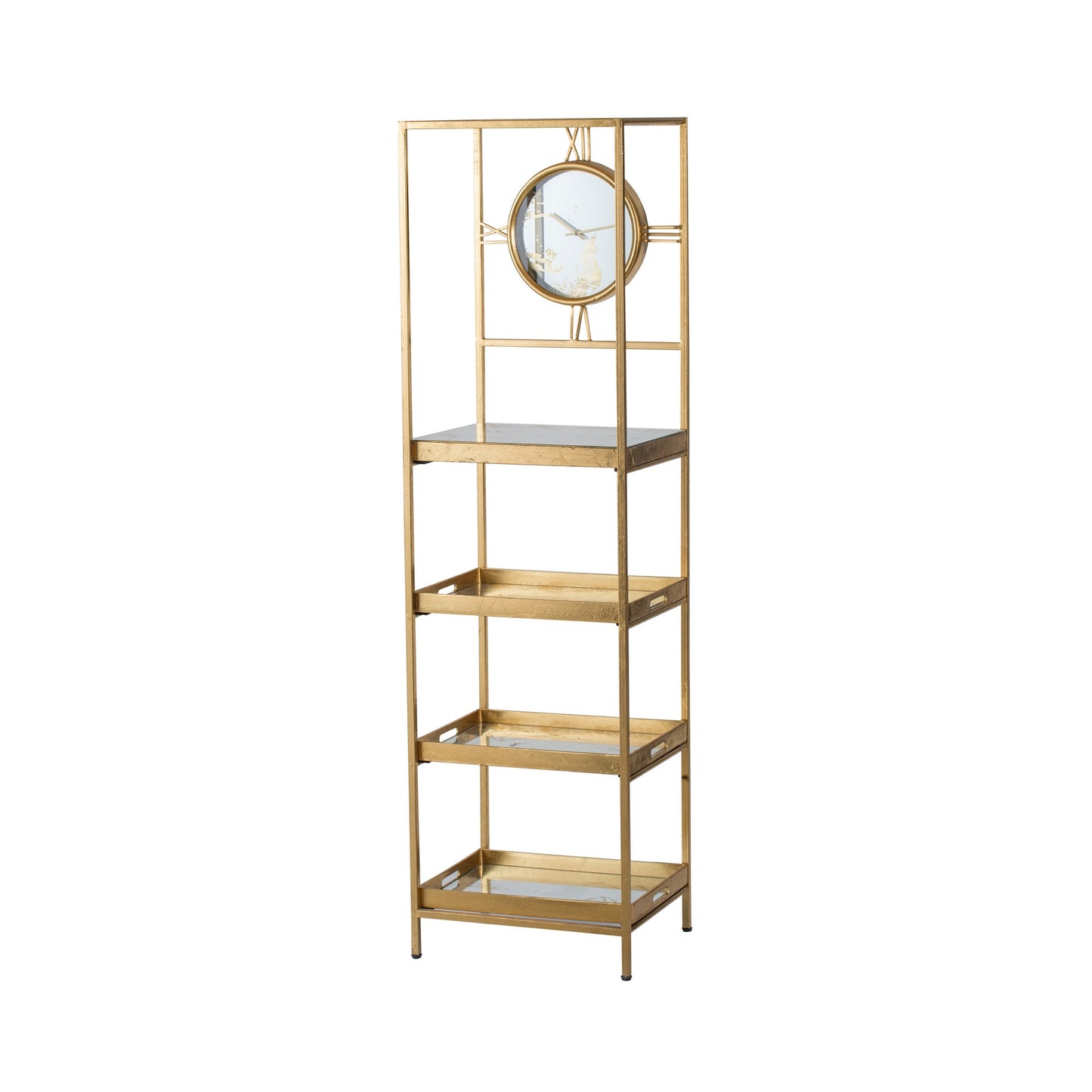 Jael 68 Inch Shelf With Clock 4 Mirrored Tray Shelves Iron Frame Gold