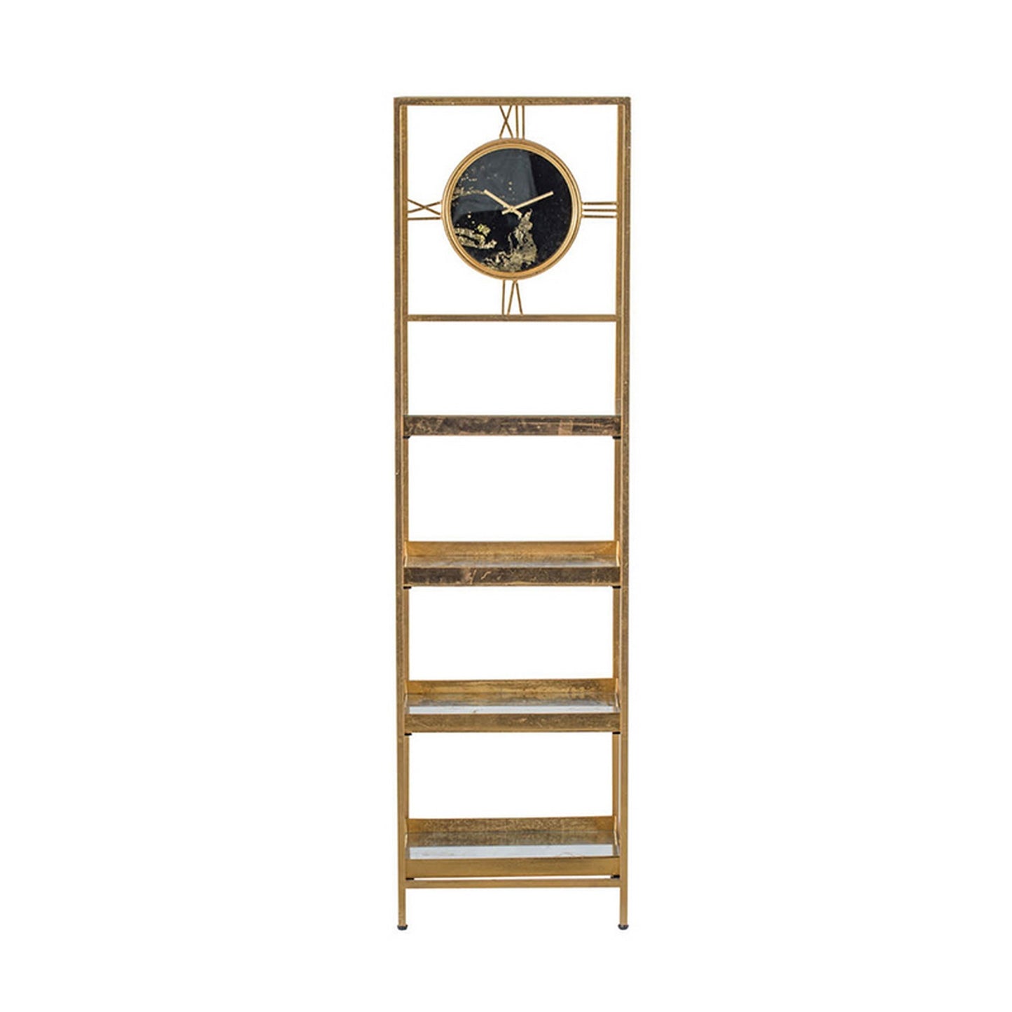 Jael 68 Inch Shelf With Clock 4 Mirrored Tray Shelves Iron Frame Gold