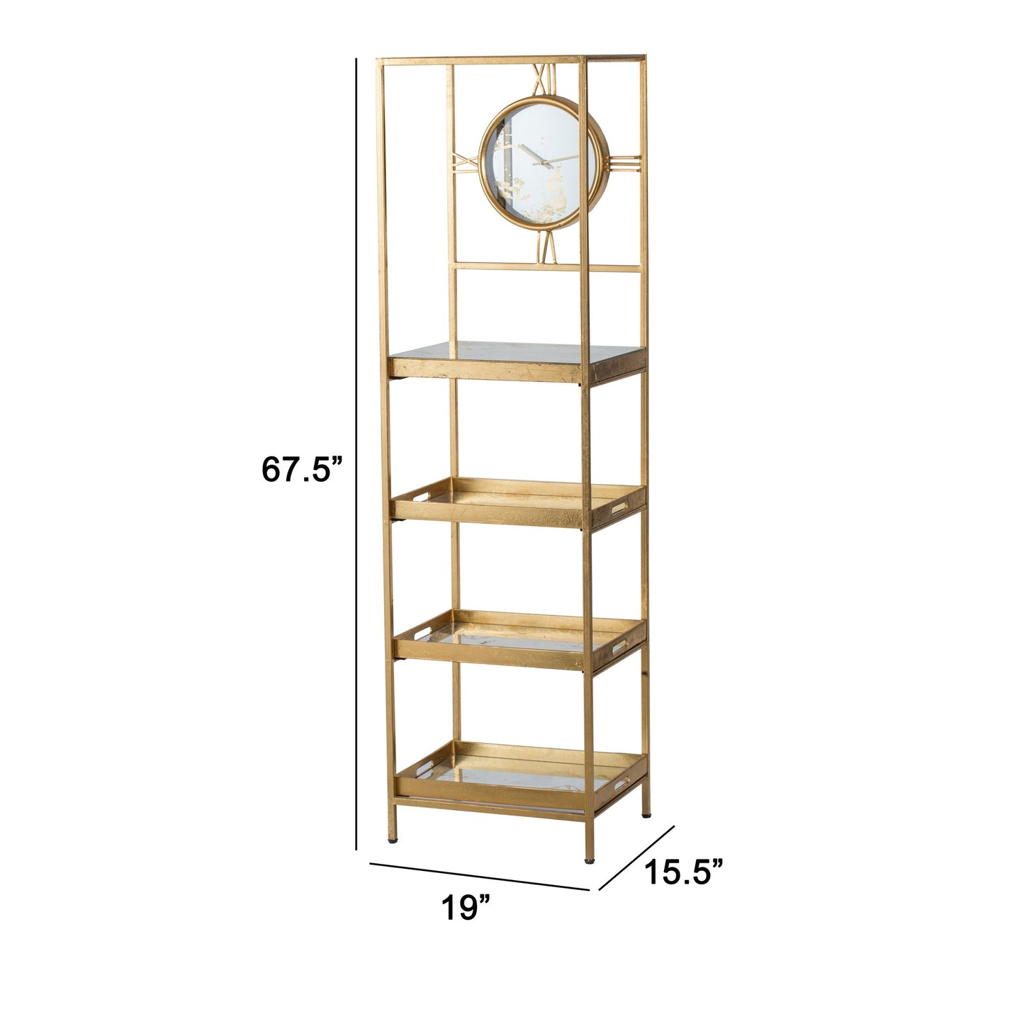 Jael 68 Inch Shelf With Clock 4 Mirrored Tray Shelves Iron Frame Gold