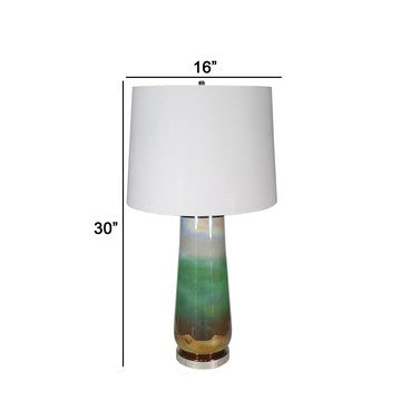 30 Inch Accent Table Lamp Linen Drum Shade Glass Frame White and Green