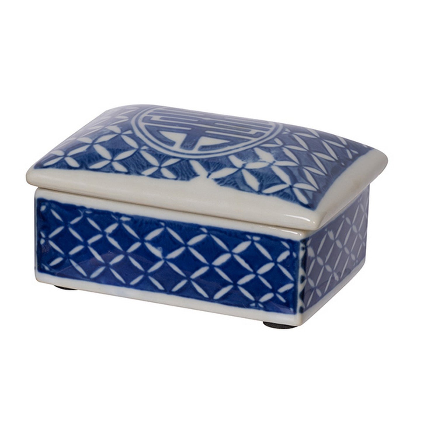 Set of 3 Decorative Boxes White and Blue Porcelain Pottery Floral Designs