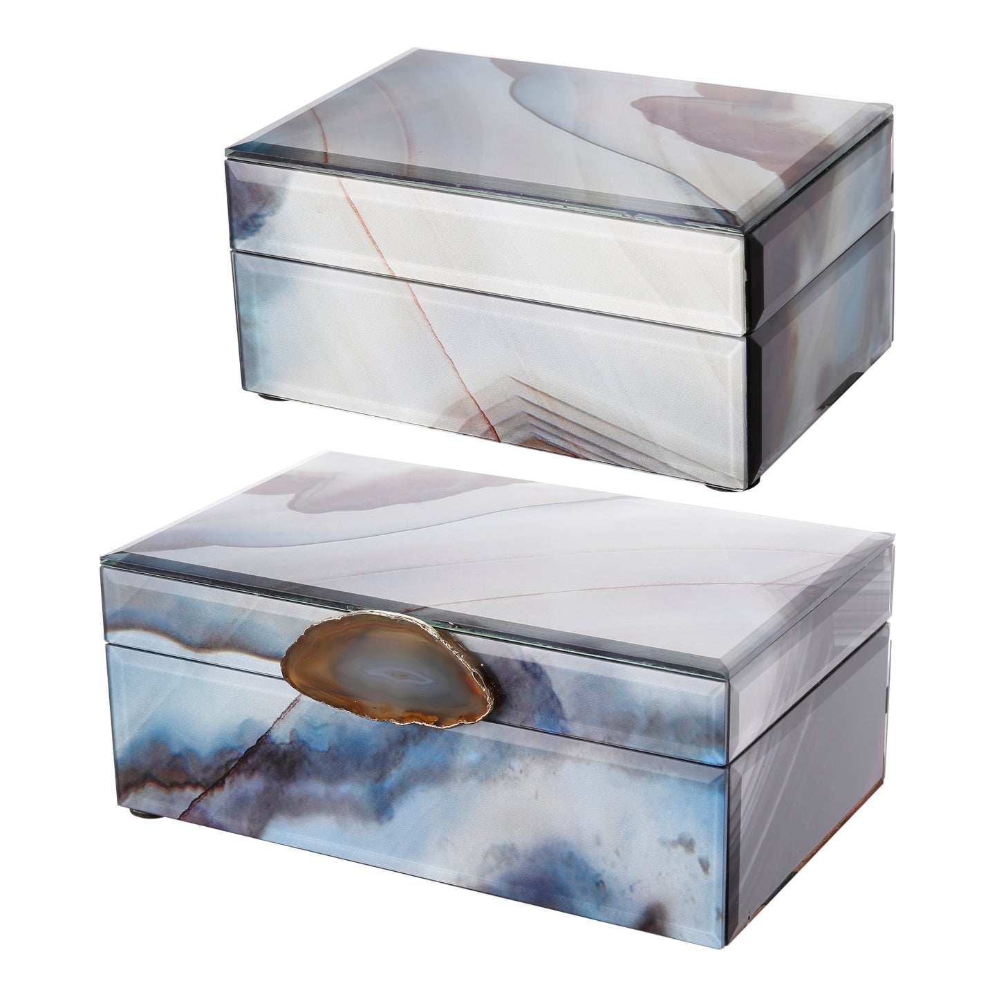 8 6 Inch Modern Jewelry Box Blue Silver Marble Effect Glass and Stone