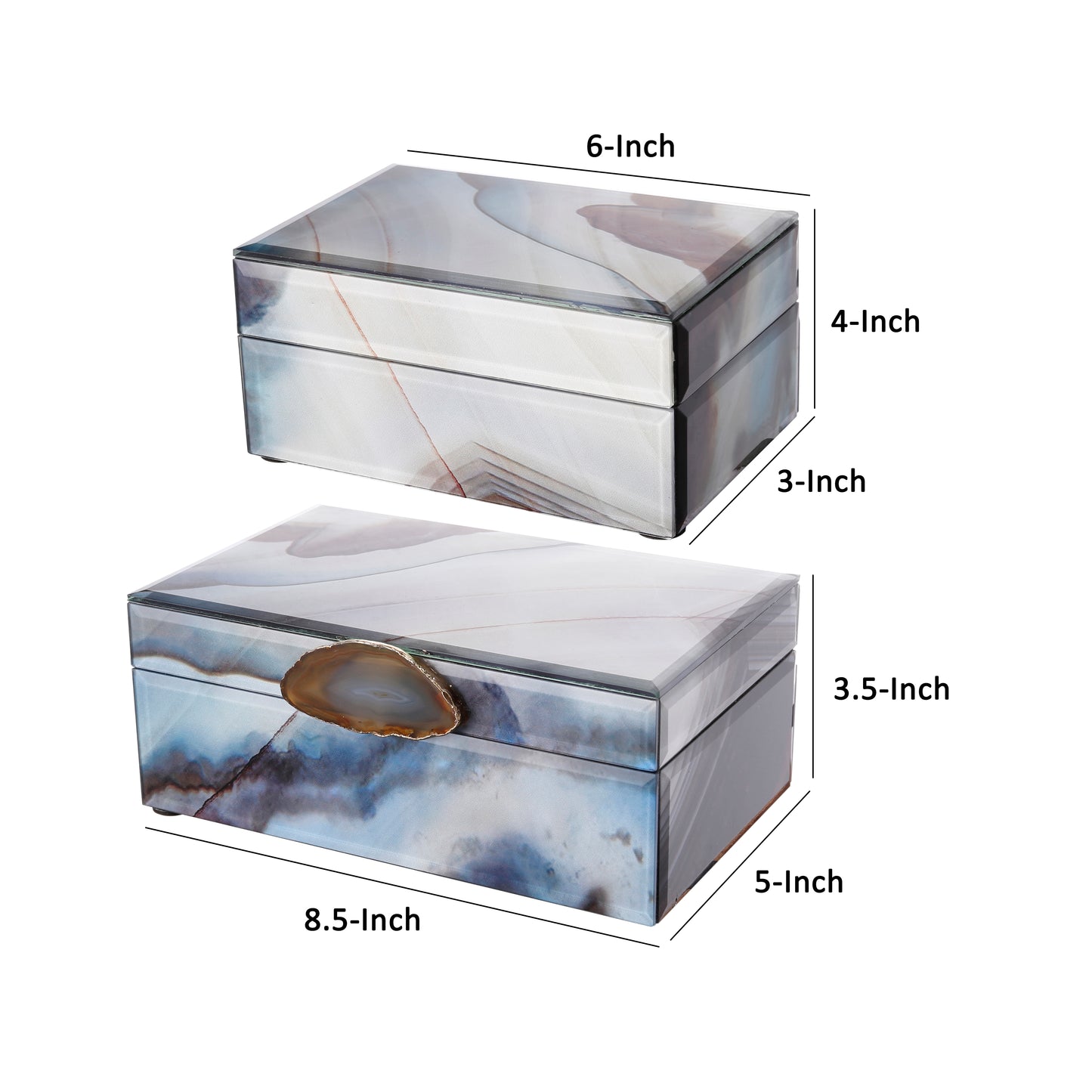 8 6 Inch Modern Jewelry Box Blue Silver Marble Effect Glass and Stone