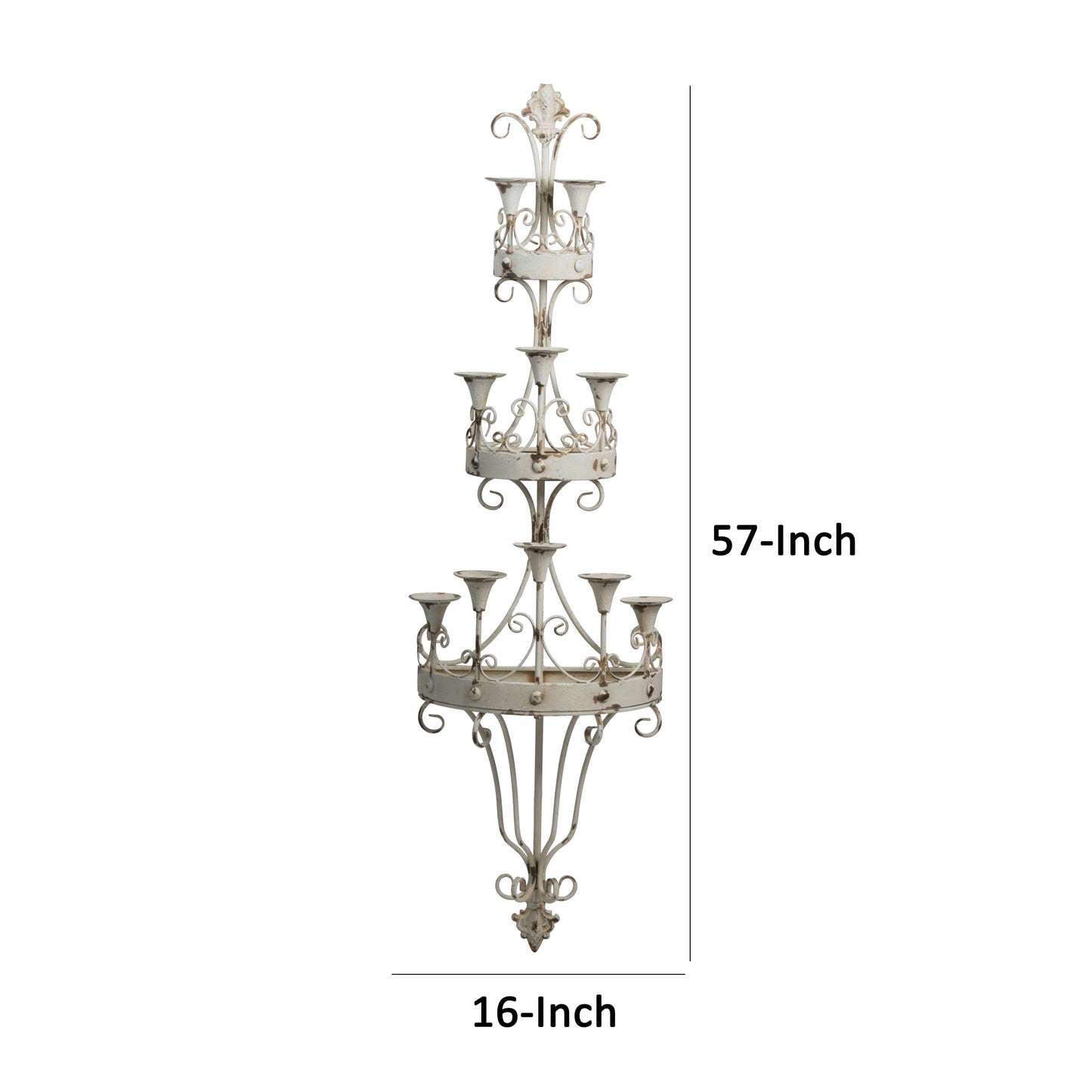 16 Inch Wall Mount Candle Holder Ornately Scrolled White Metal Finish