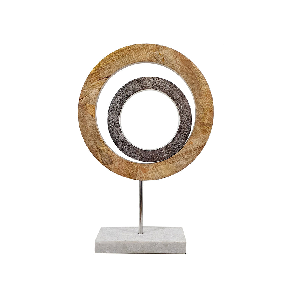 18 Inch Accent Decor Concentric Rings Brown Mango Wood On A Marble Base