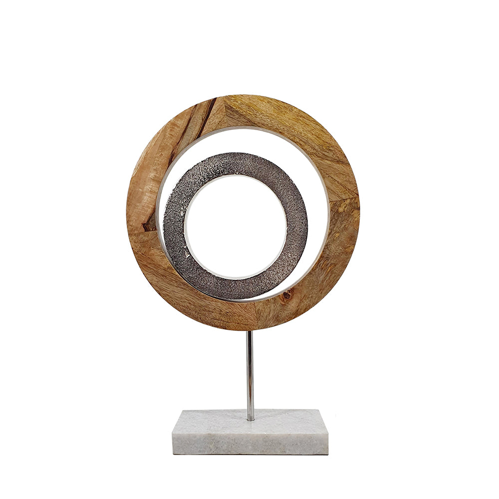 18 Inch Accent Decor Concentric Rings Brown Mango Wood On A Marble Base
