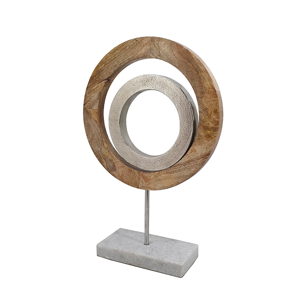 18 Inch Accent Decor Concentric Rings Brown Mango Wood On A Marble Base
