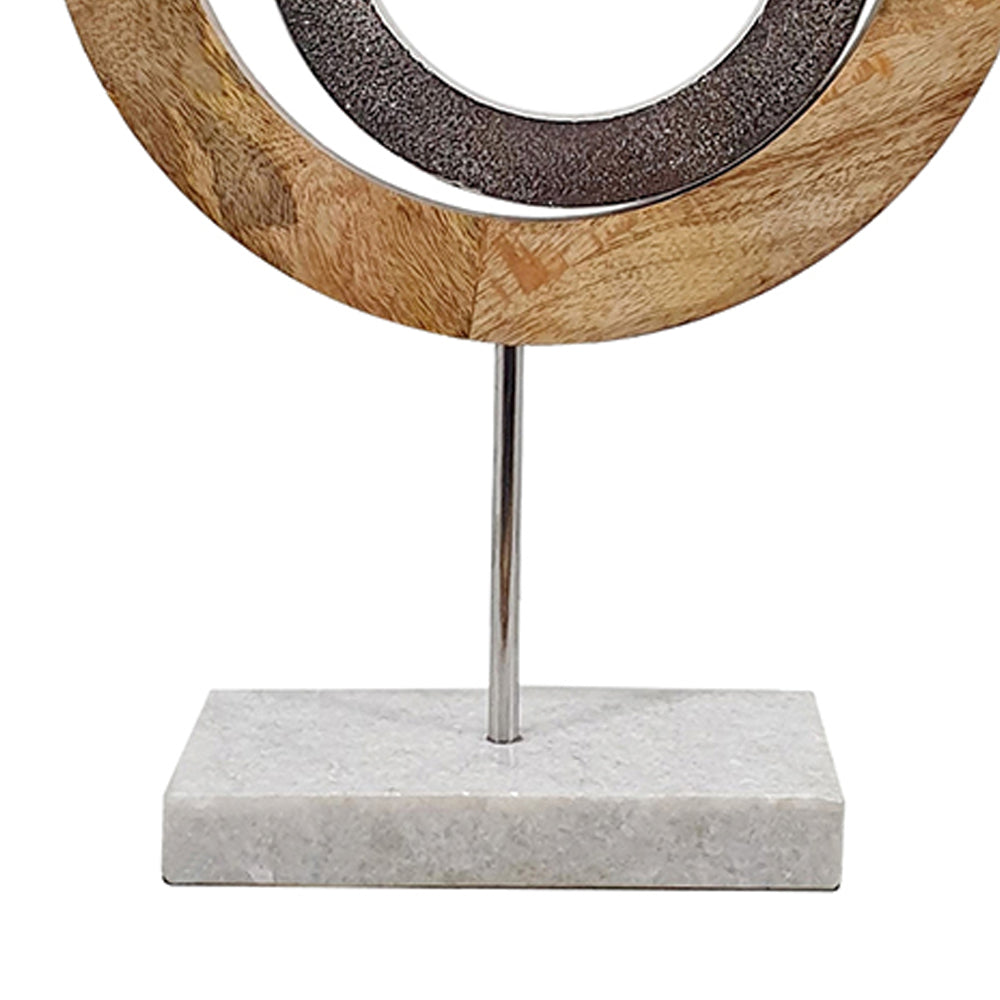 18 Inch Accent Decor Concentric Rings Brown Mango Wood On A Marble Base