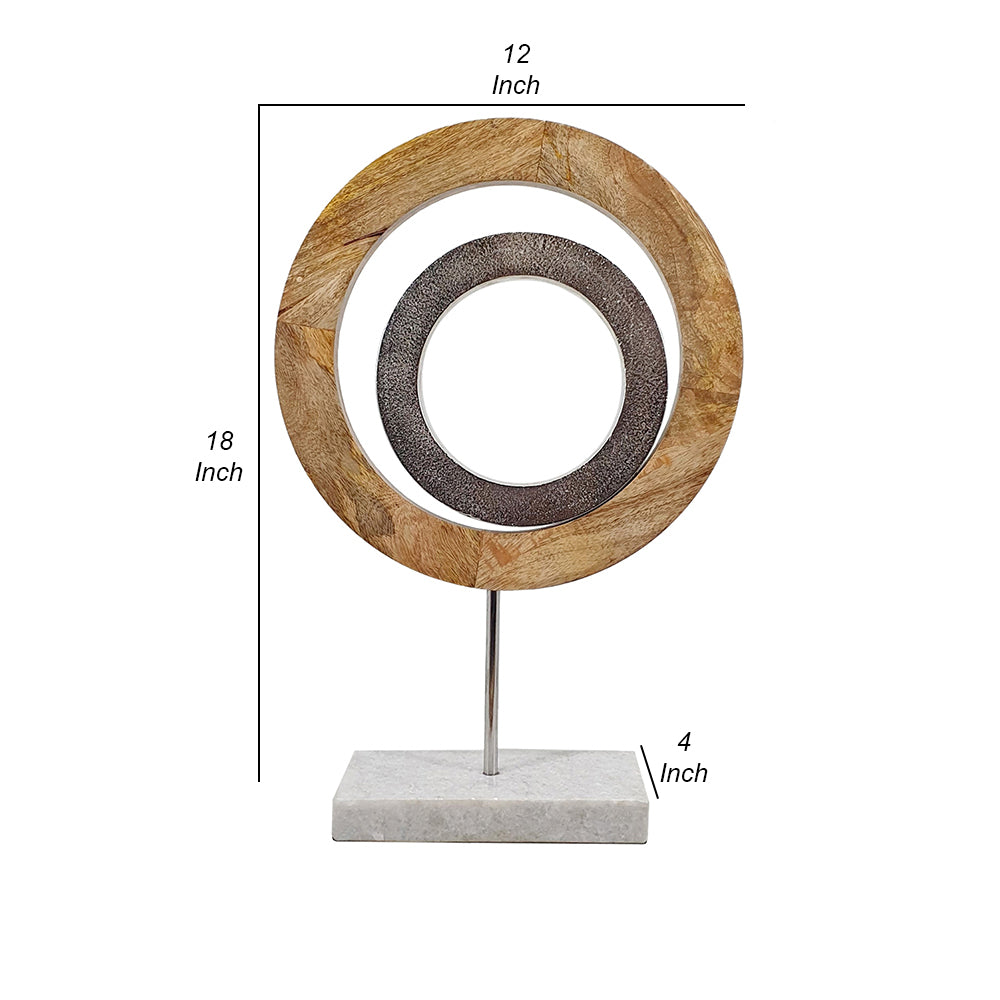 18 Inch Accent Decor Concentric Rings Brown Mango Wood On A Marble Base
