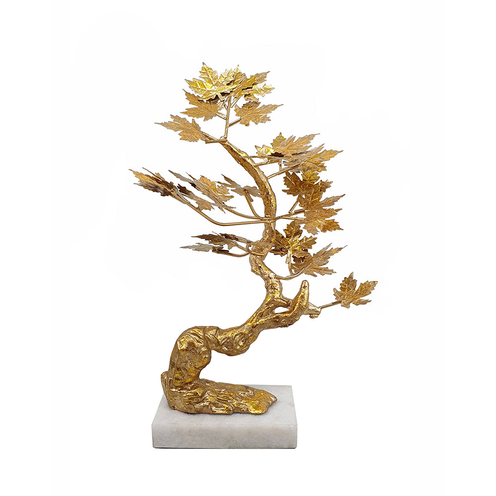 17 Inch Maple Tree Accent Decor With Leaves Metal On A Marble Base Gold