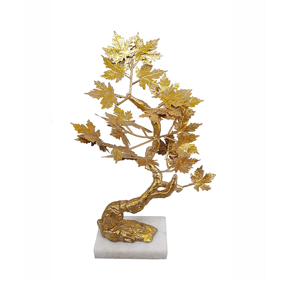 17 Inch Maple Tree Accent Decor With Leaves Metal On A Marble Base Gold