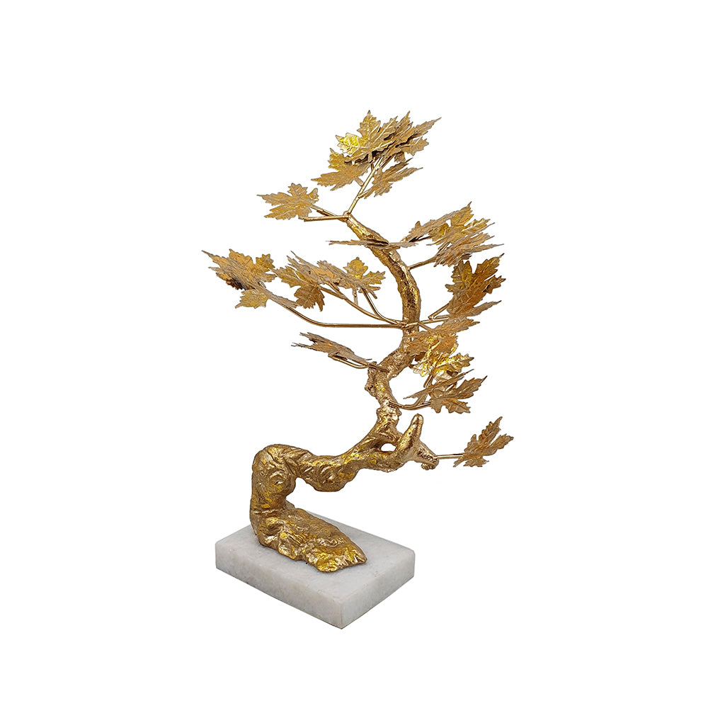 17 Inch Maple Tree Accent Decor With Leaves Metal On A Marble Base Gold