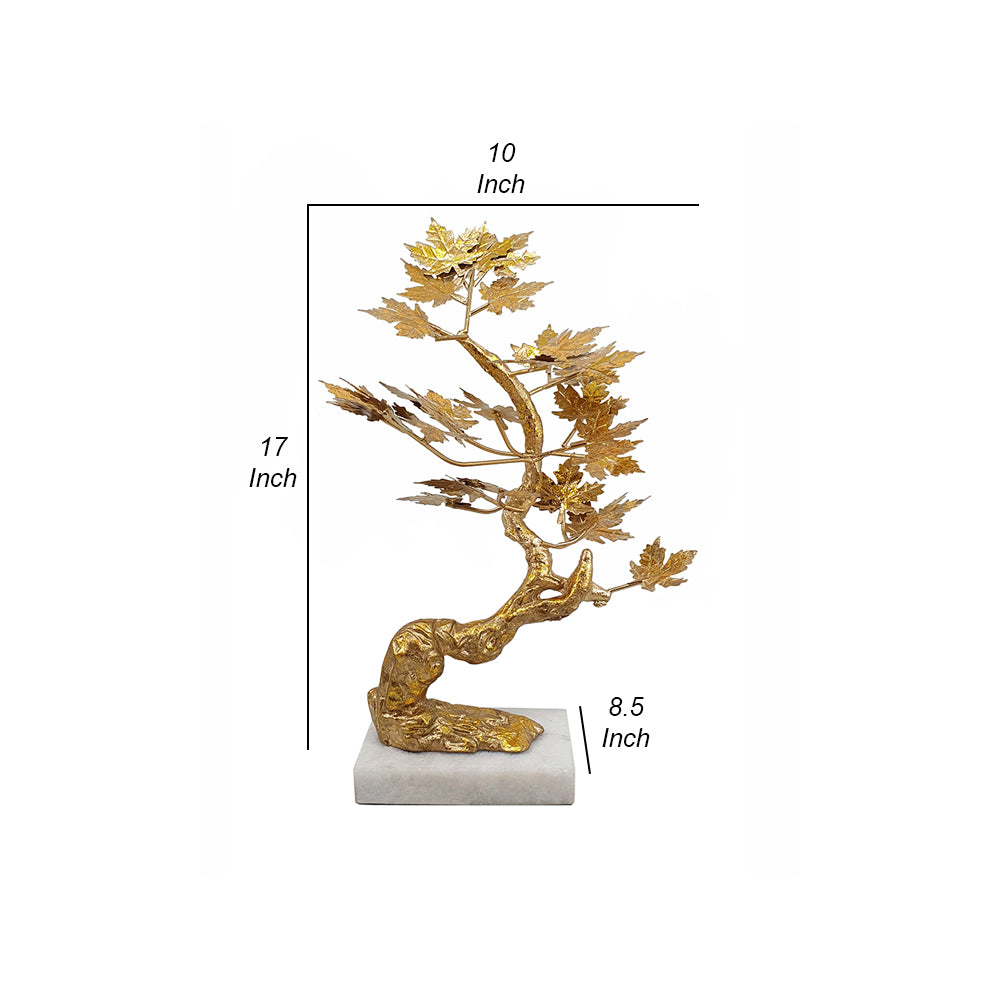 17 Inch Maple Tree Accent Decor With Leaves Metal On A Marble Base Gold