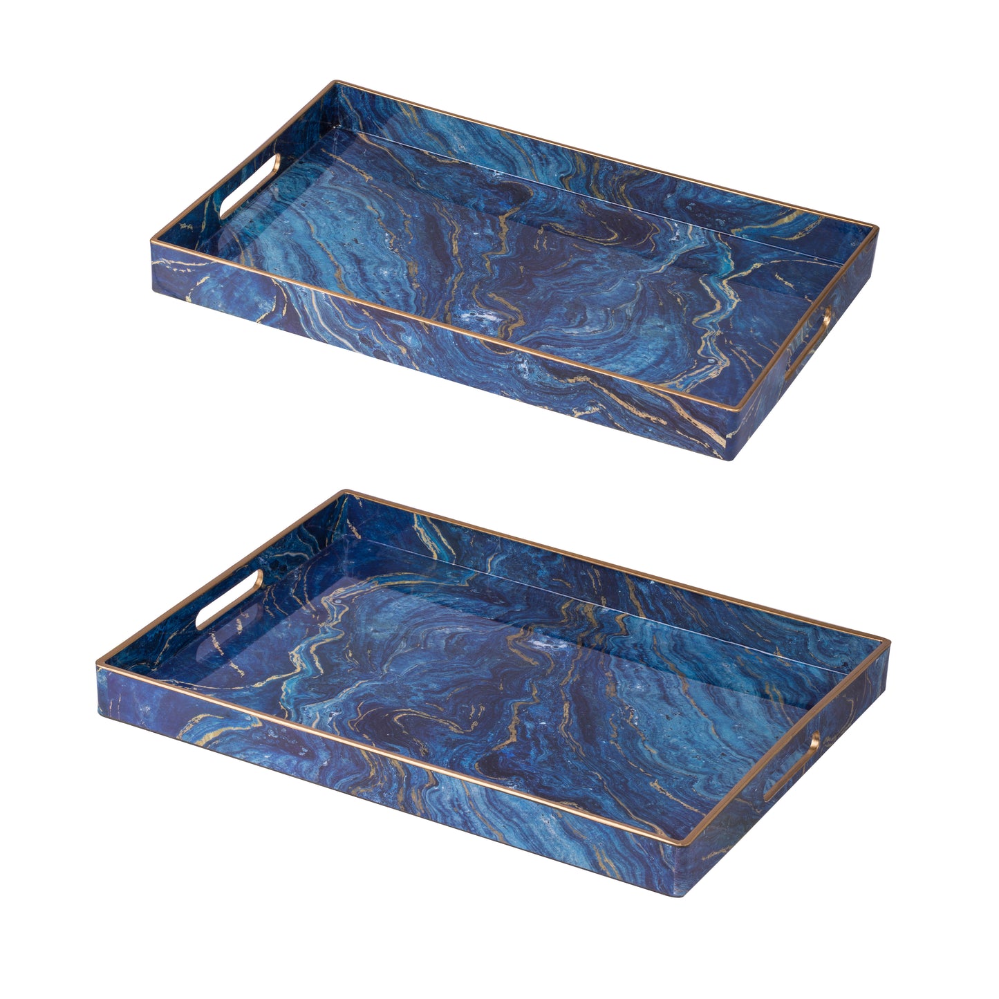 19 18 Inch Modern Decorative Trays Blue Pattern With Gold Rim Set Of 2