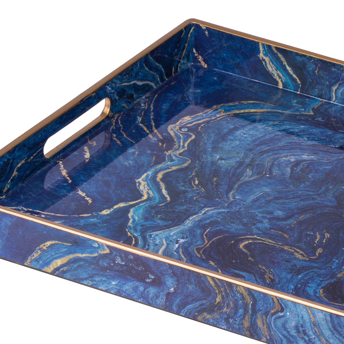 19 18 Inch Modern Decorative Trays Blue Pattern With Gold Rim Set Of 2