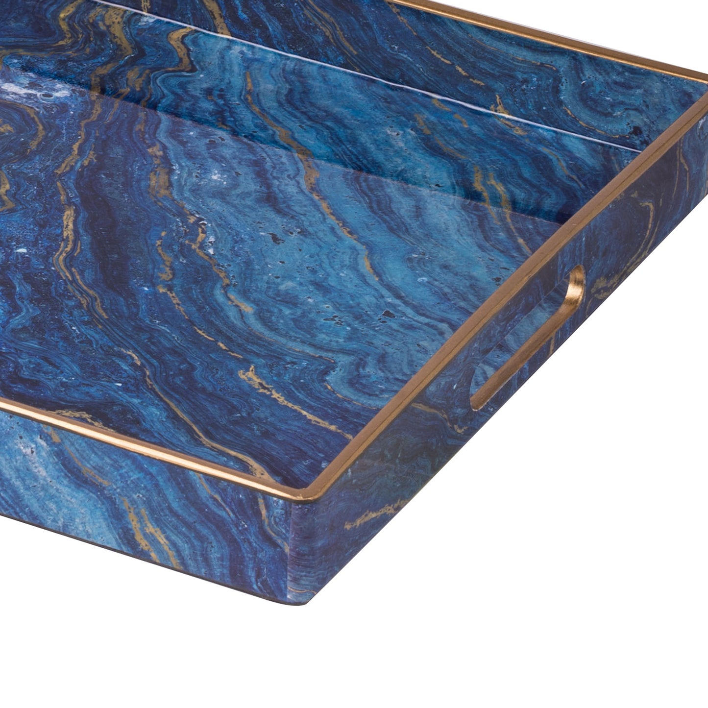 19 18 Inch Modern Decorative Trays Blue Pattern With Gold Rim Set Of 2