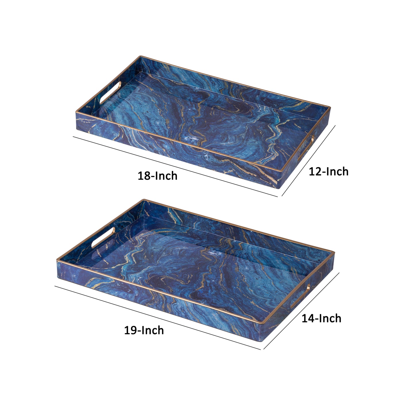 19 18 Inch Modern Decorative Trays Blue Pattern With Gold Rim Set Of 2