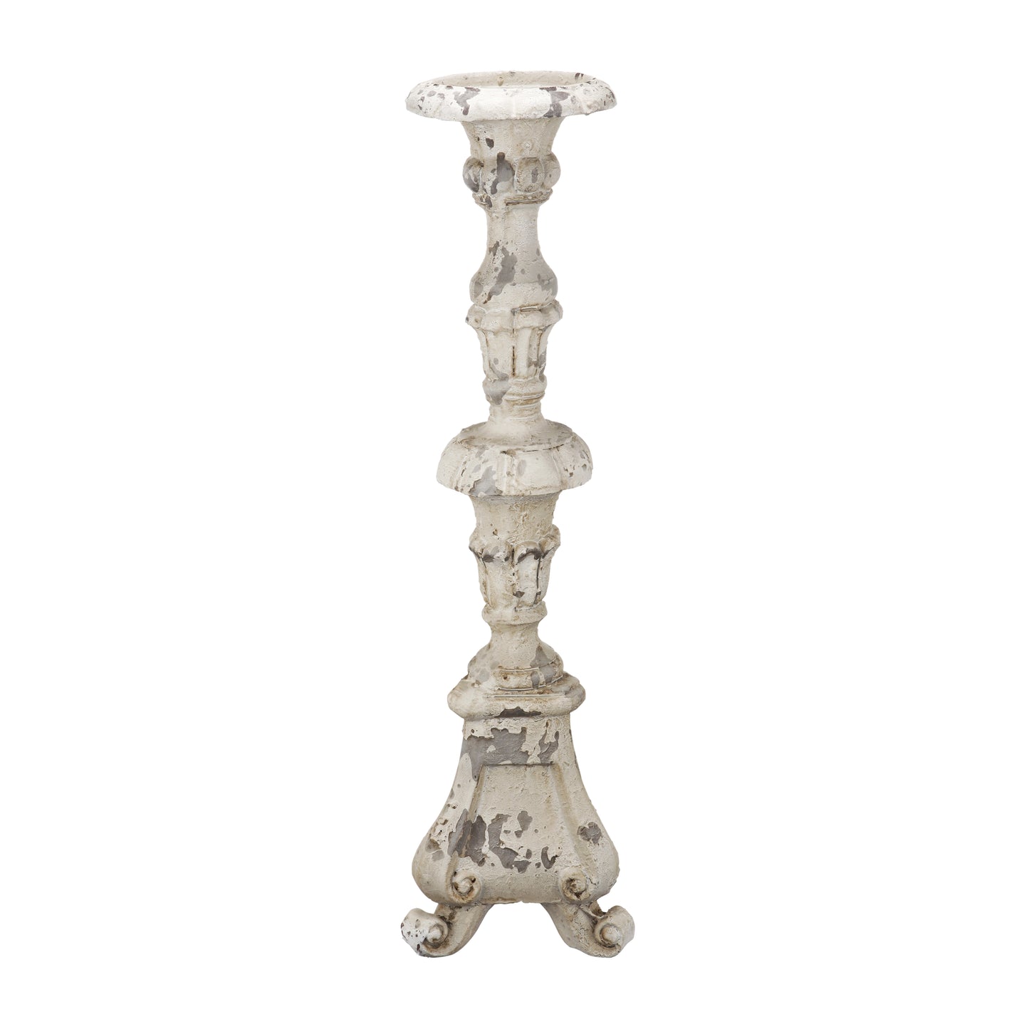 25 Inch Metal Candle Holder Elegant Turned Pedestal In Distressed White