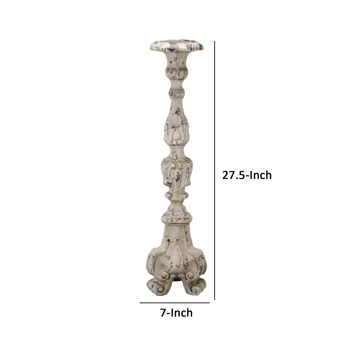 28 Inch Metal Candle Holder Classical Turned Pedestal Distressed White