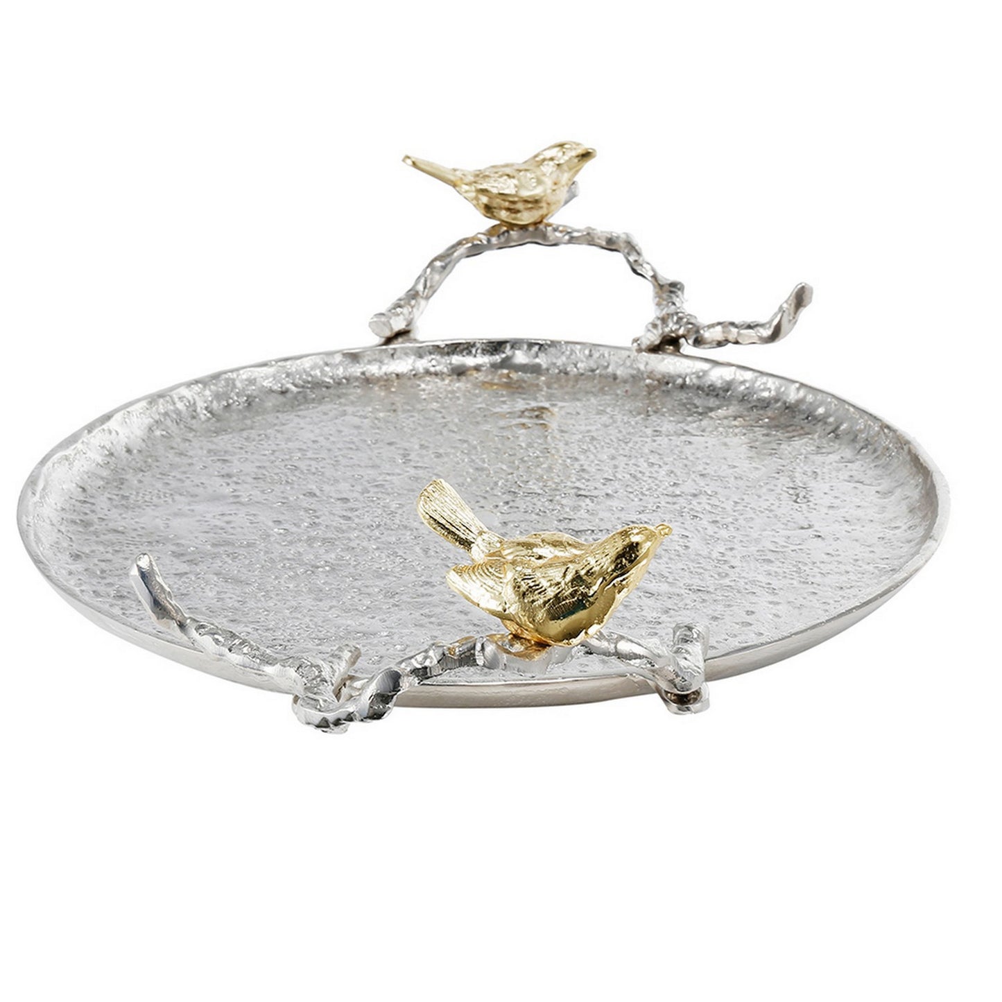 19 Inch Decorative Tray Perched Birds Silver Metal Medium Set Of 2