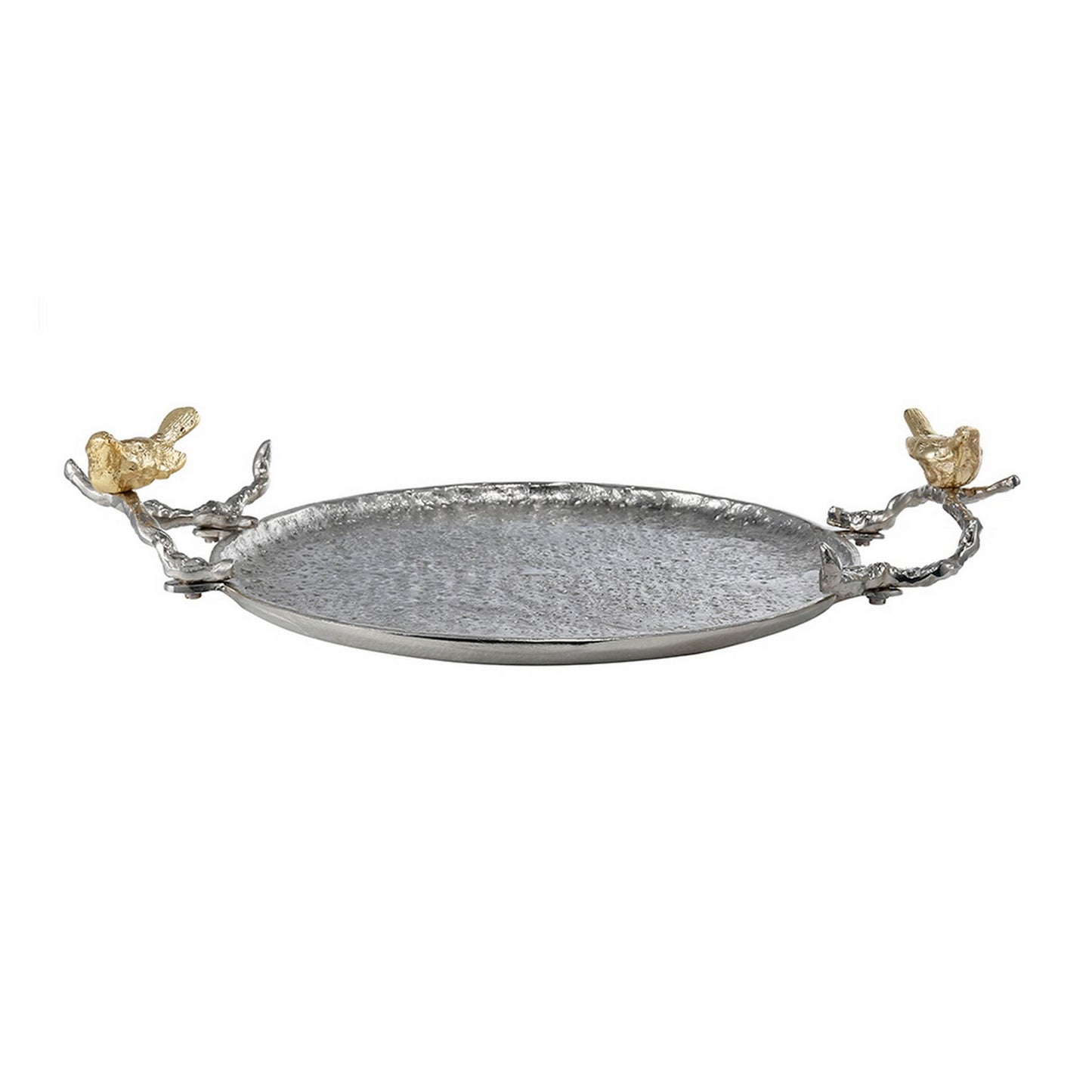 19 Inch Decorative Tray Perched Birds Silver Metal Medium Set Of 2