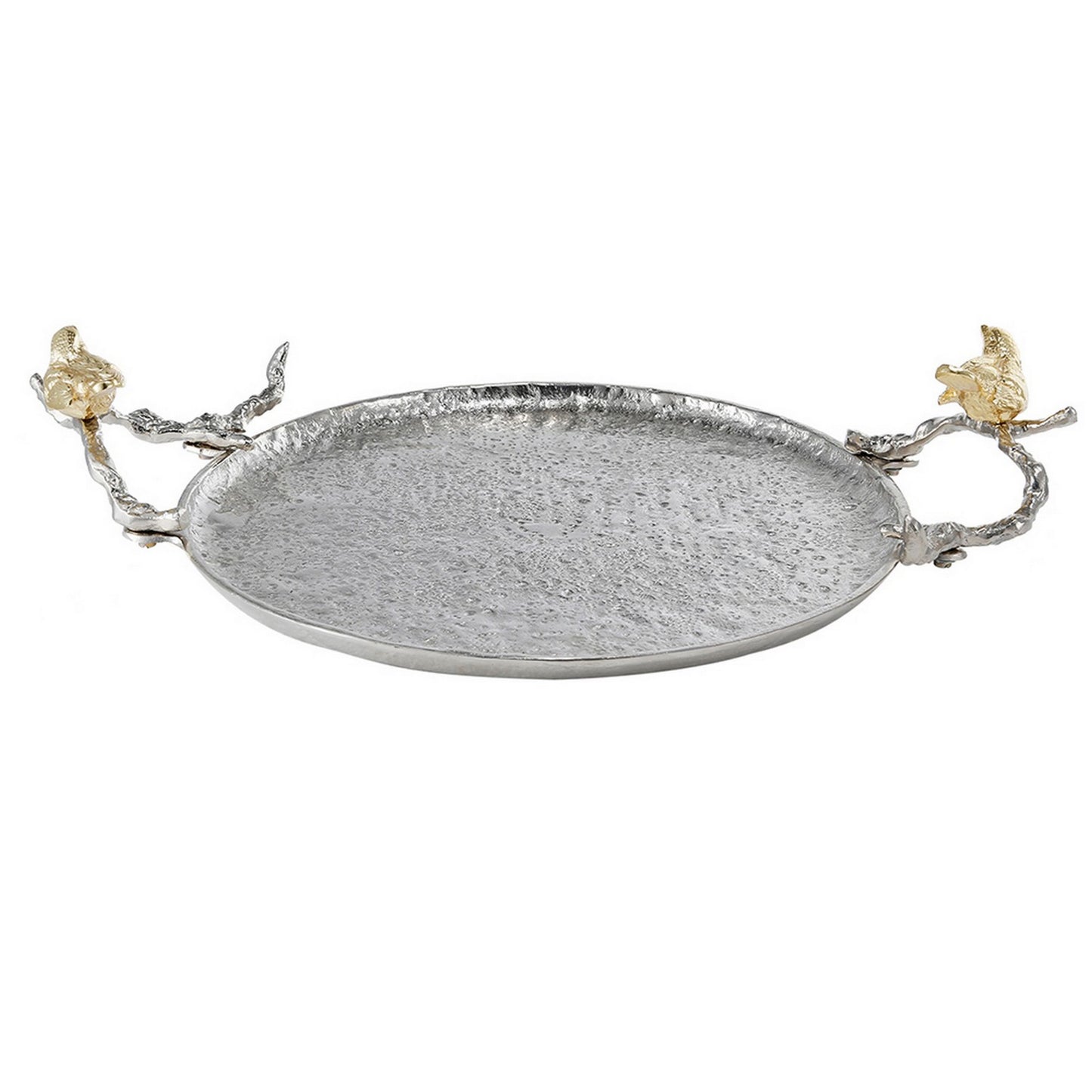 19 Inch Decorative Tray Perched Birds Silver Metal Medium Set Of 2