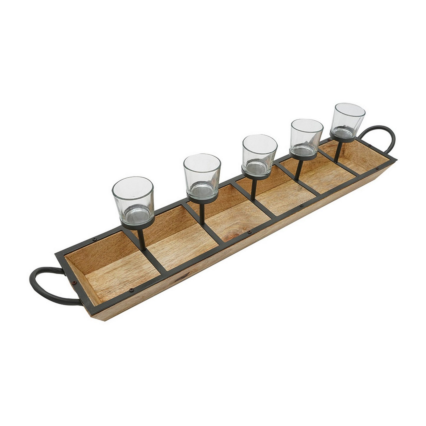 32 Inch Tealight Candle Holder Brown Mango Wood Tray Black Metal Frame