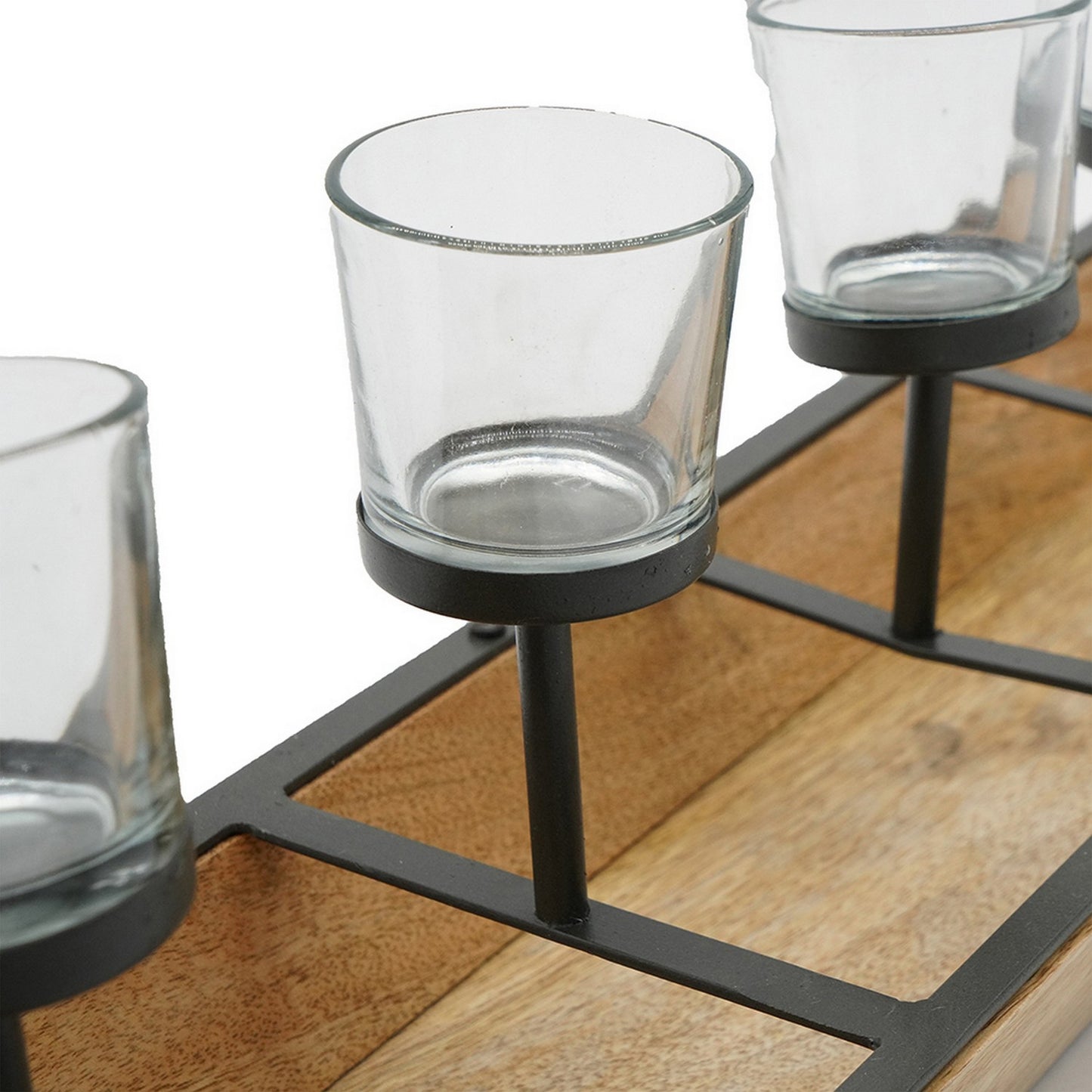 32 Inch Tealight Candle Holder Brown Mango Wood Tray Black Metal Frame