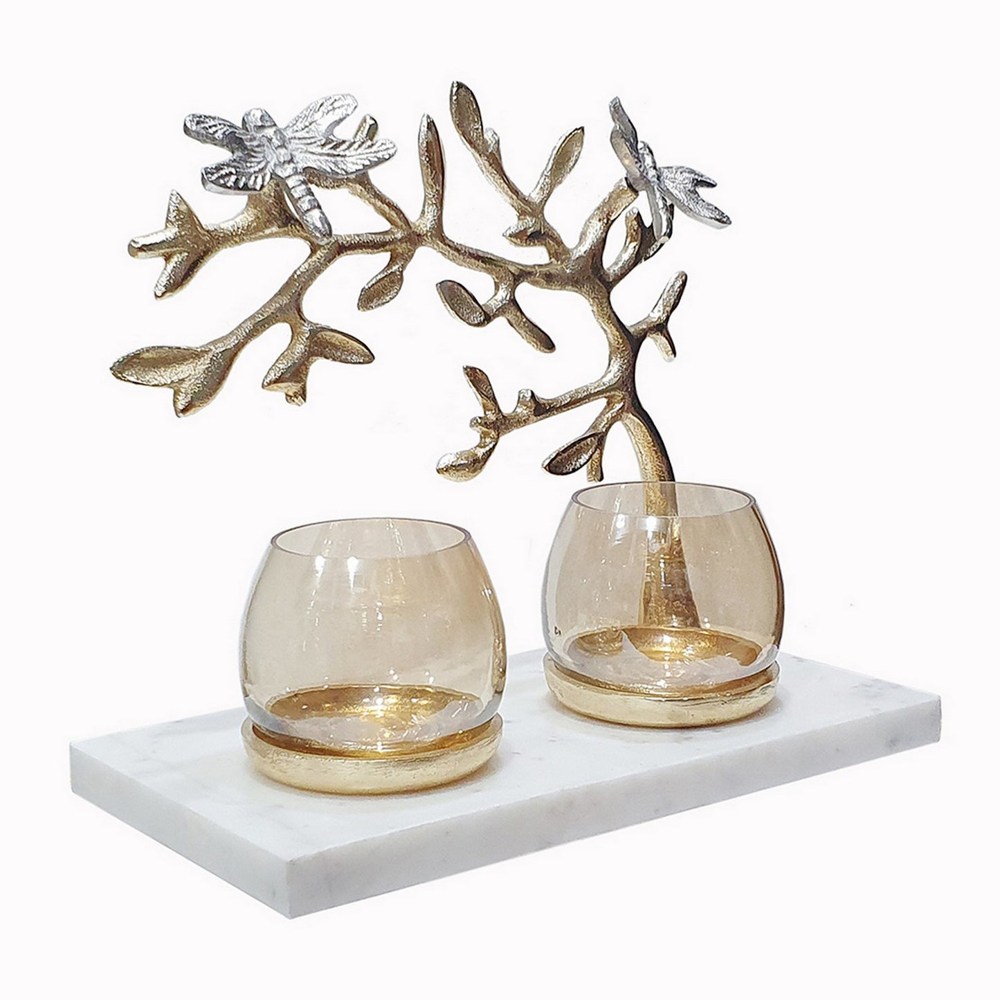 11 Inch Dou Candle Holder Aluminum Silver Dragonfly Marble Block Base