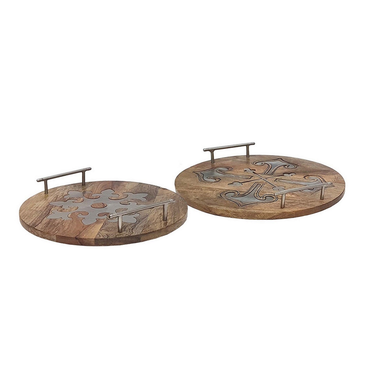 16 14 Inch Decorative Trays Artistic Design Brown Mango Wood Set Of 2