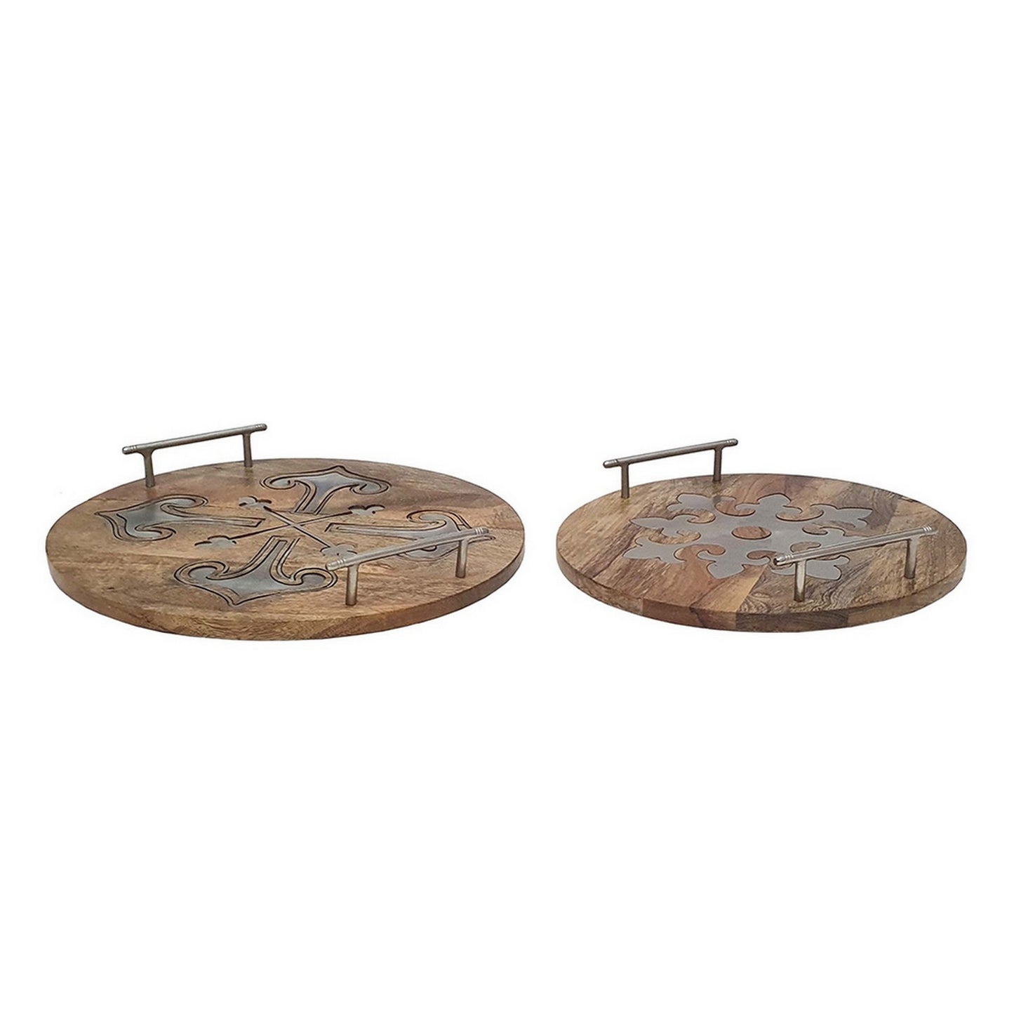 16 14 Inch Decorative Trays Artistic Design Brown Mango Wood Set Of 2